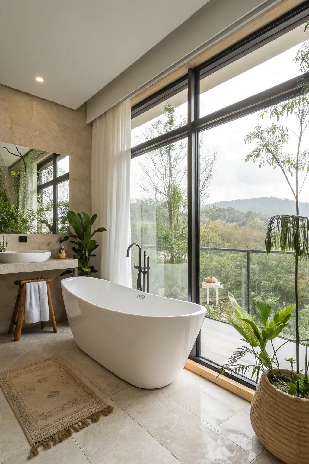 A modern bathroom featuring a striking freestanding bathtub.
