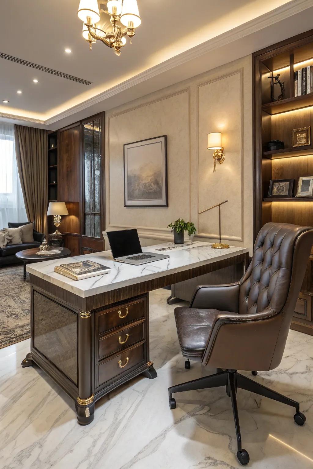 A luxurious home office showcasing polished stone and fine leather elements.