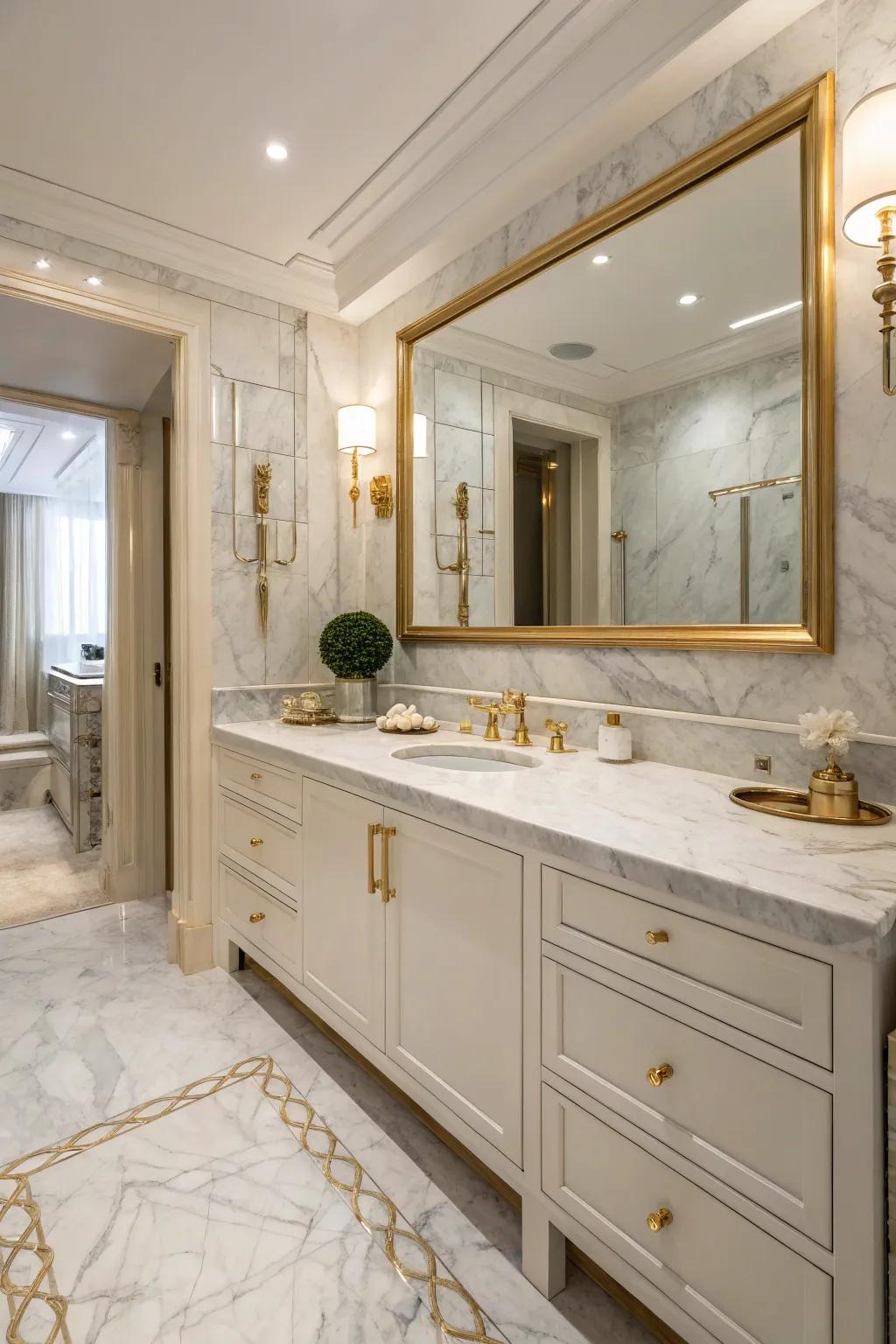 A luxurious bathroom showcasing granite countertops and flooring, complemented by gilded fixtures.