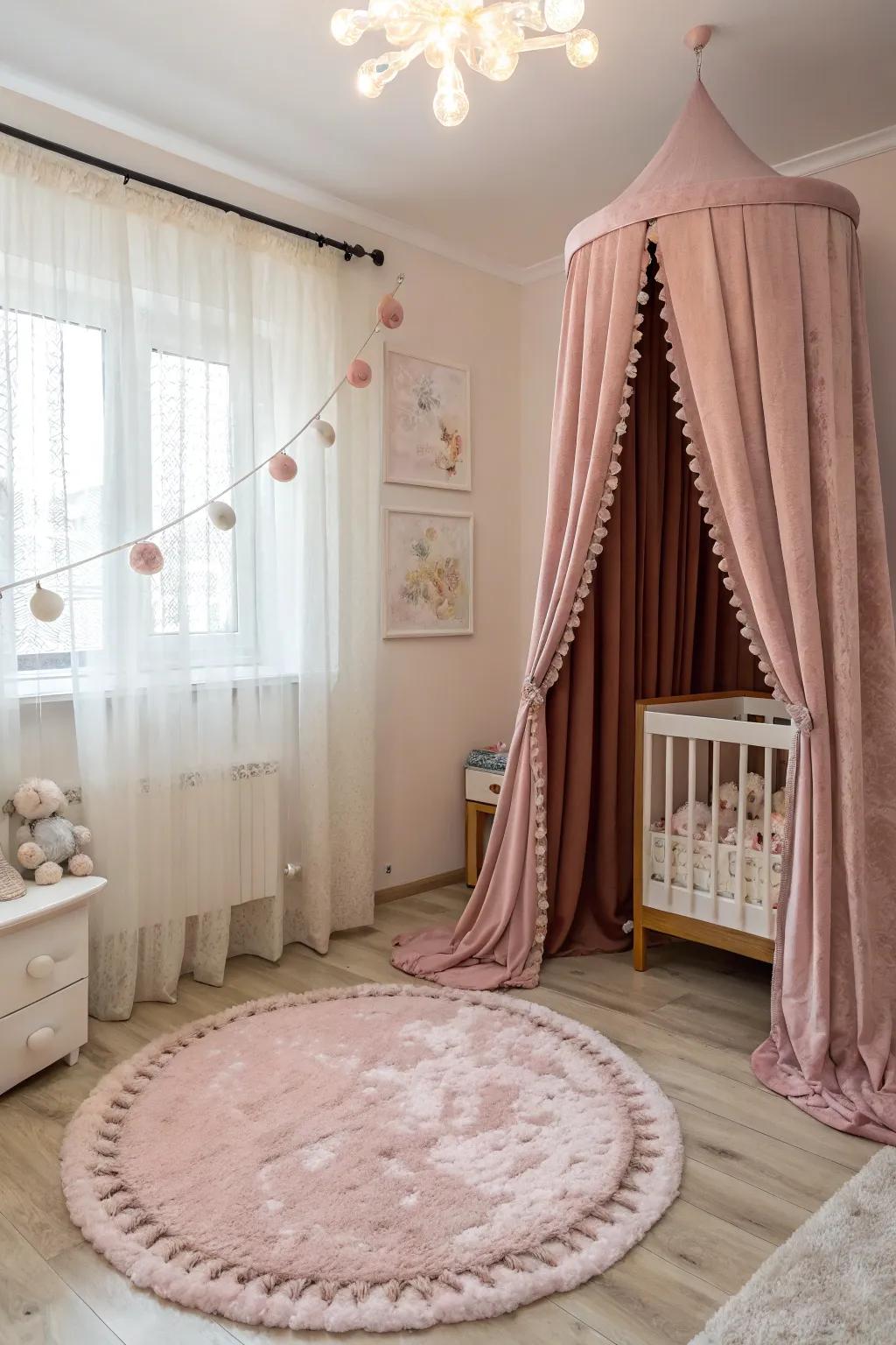 A nursery decorated with velvet drapes and a shag rug, offering comfort and opulence.