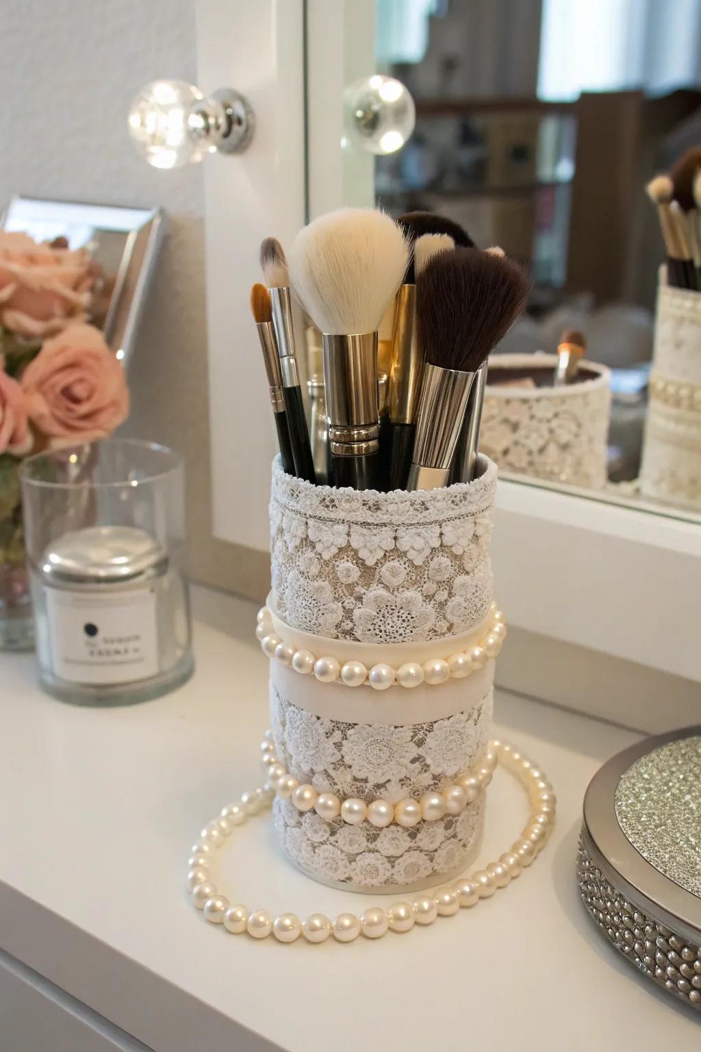 An ornamental receptacle adds a personal flair to the arrangement of your makeup brushes.