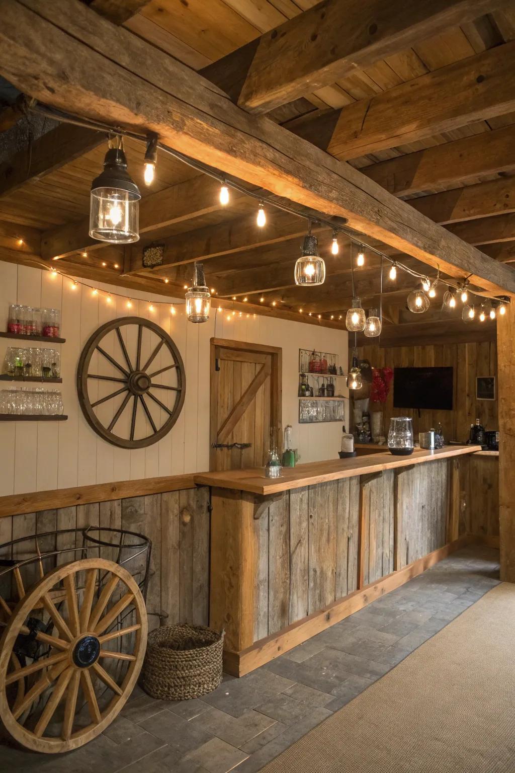 Savor the inviting comfort of a country-style barn bar in your man cave.