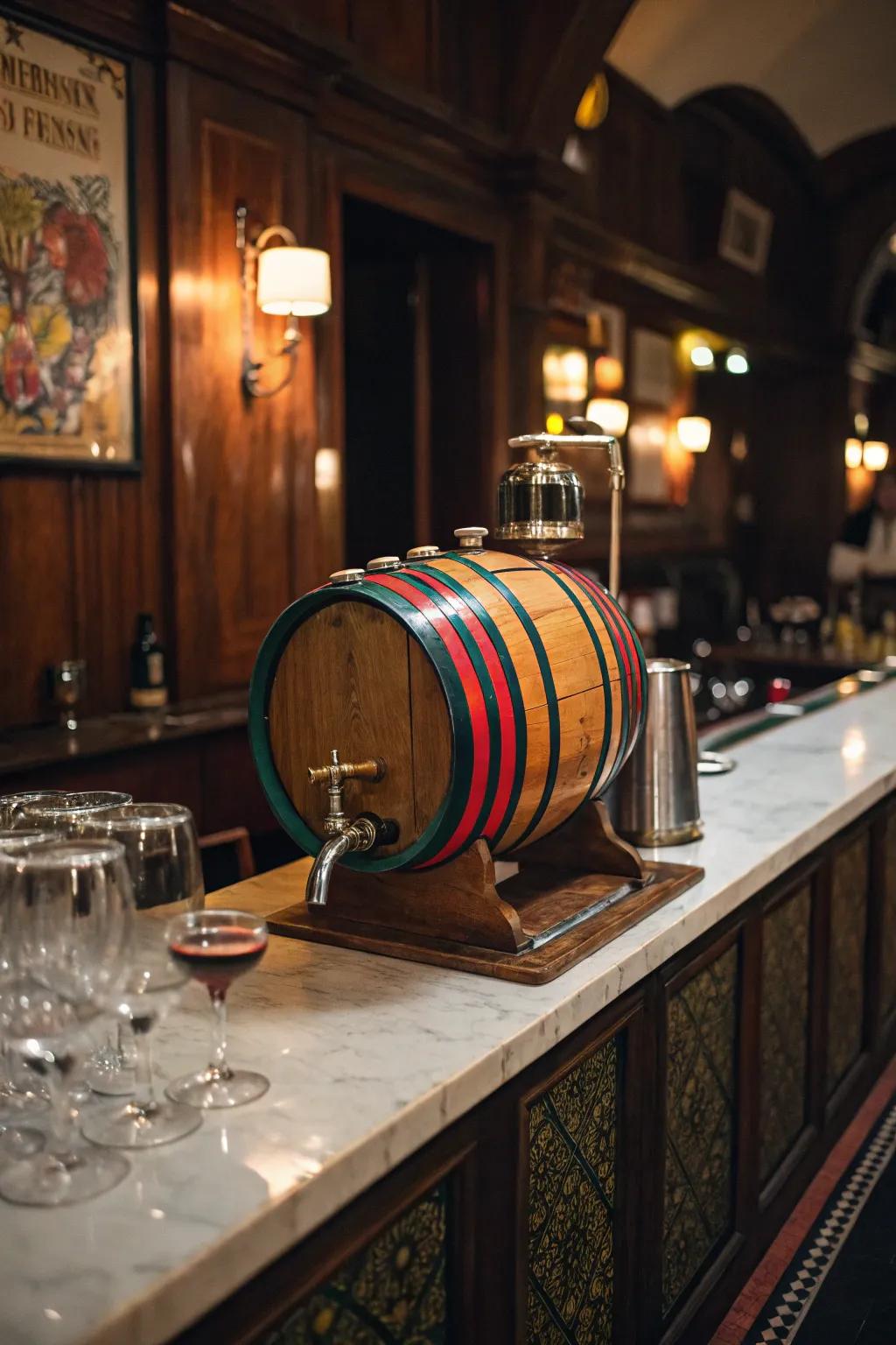 A cask-shaped pourer introduces a playful element to refreshment service.