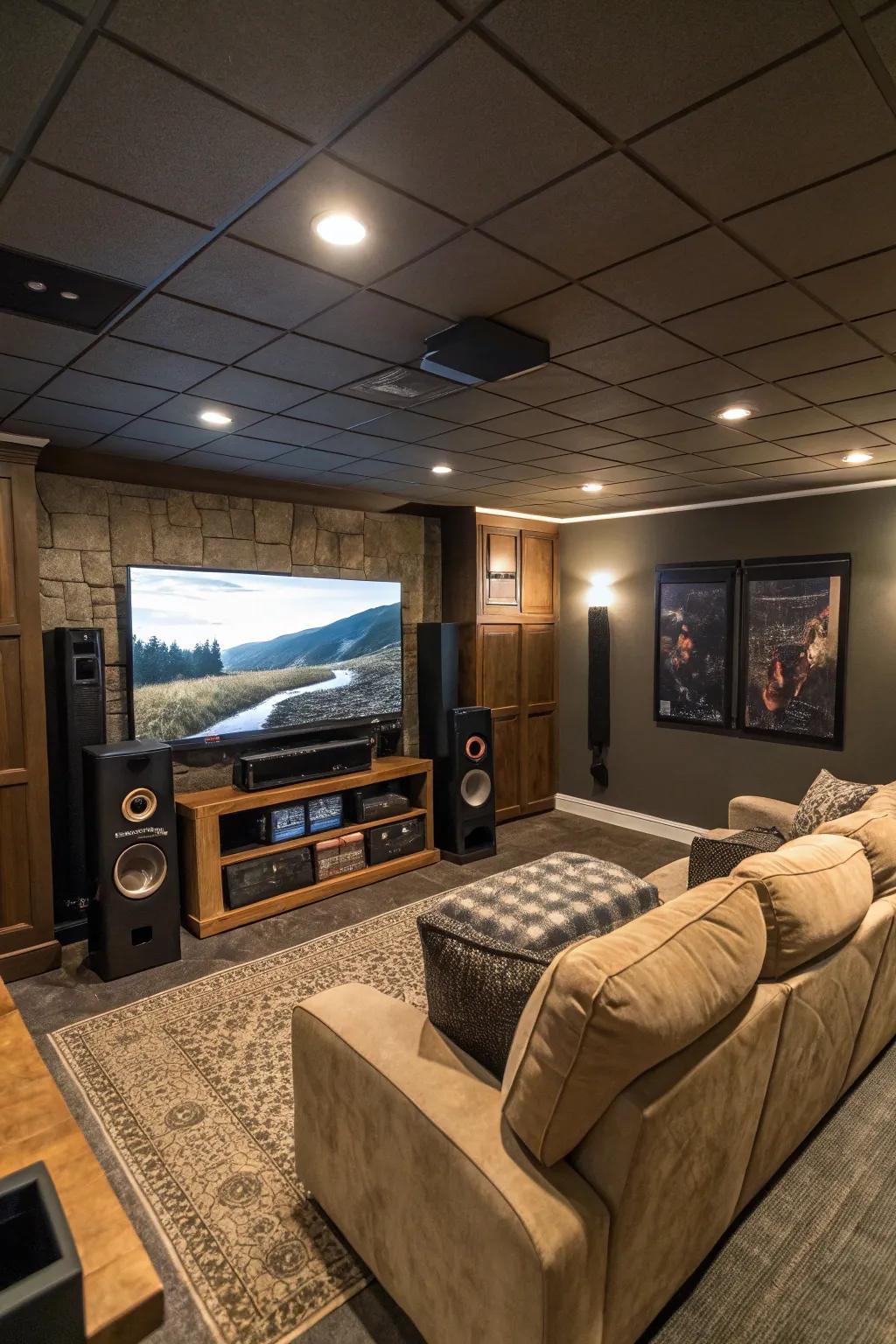 A full home theater setup featuring a wide-screen TV and surround sound speakers.