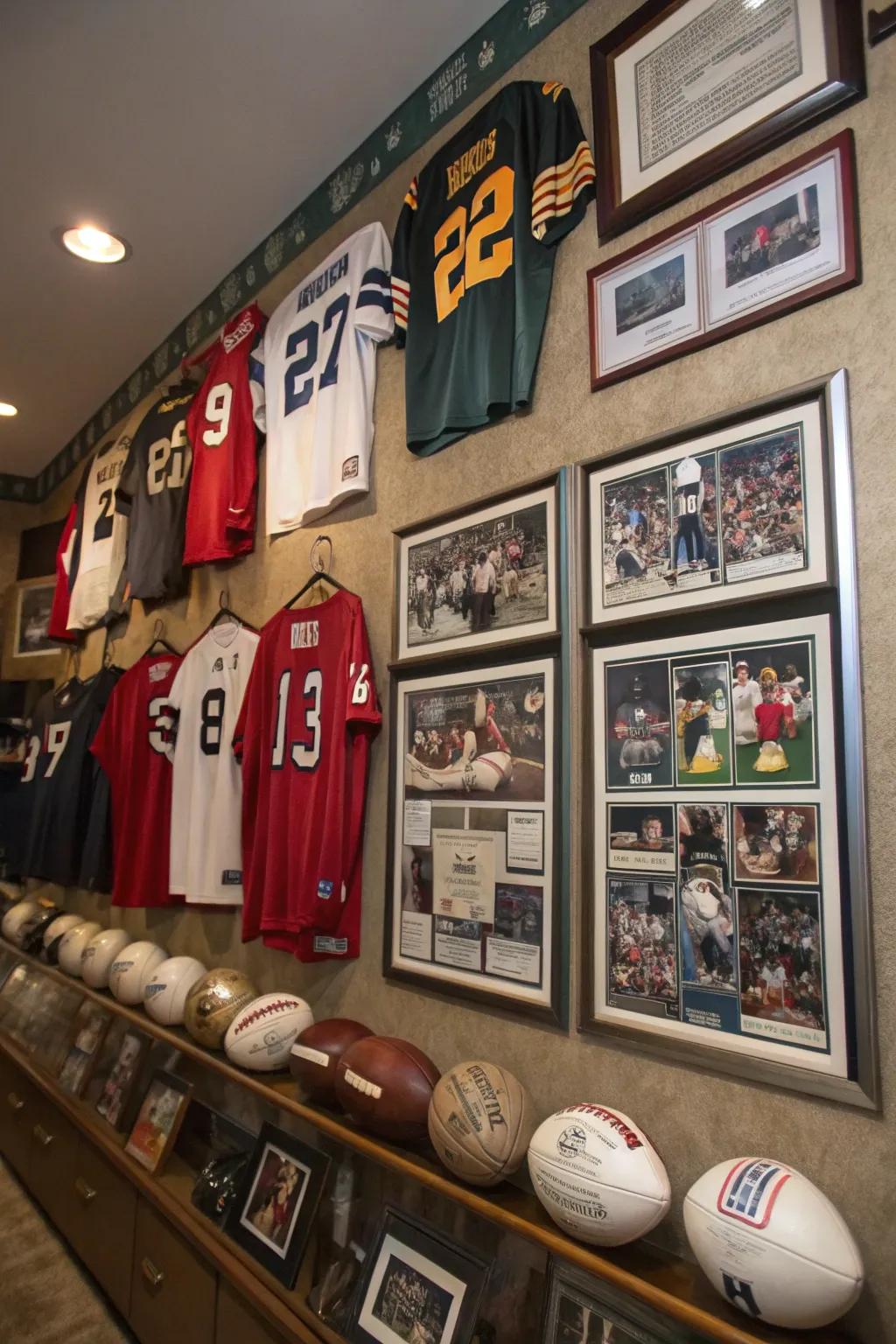 An athletic collection display incorporates a personalized flavor to your man cave.