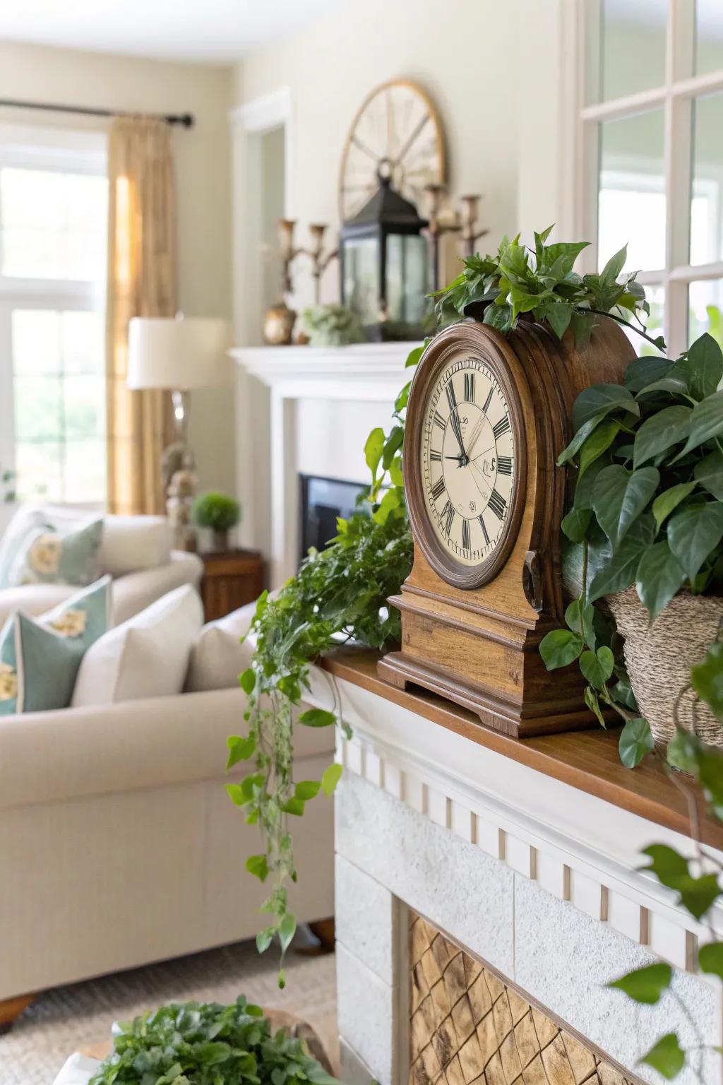 A hearth timepiece enhanced by rich greenery.