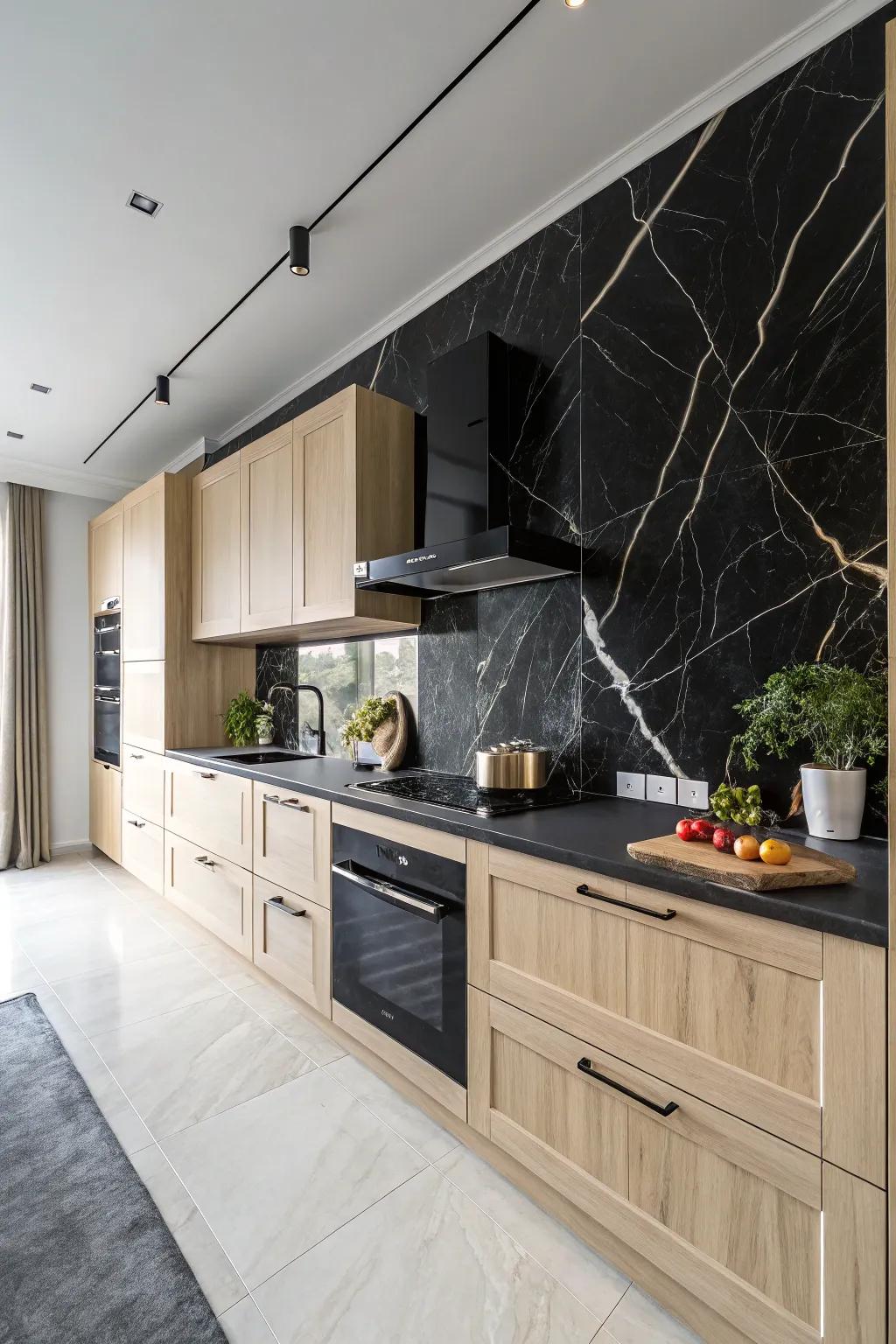 A kitchen articulates a bold statement using a midnight marble backsplash.
