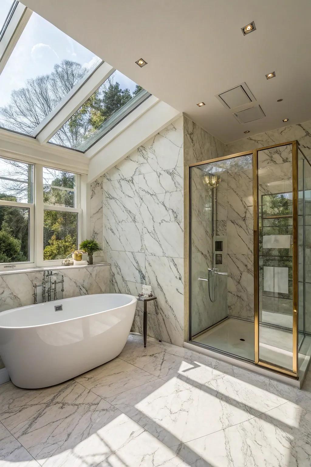 Wall-to-wall stone paneling births a polished and seamless vibe.