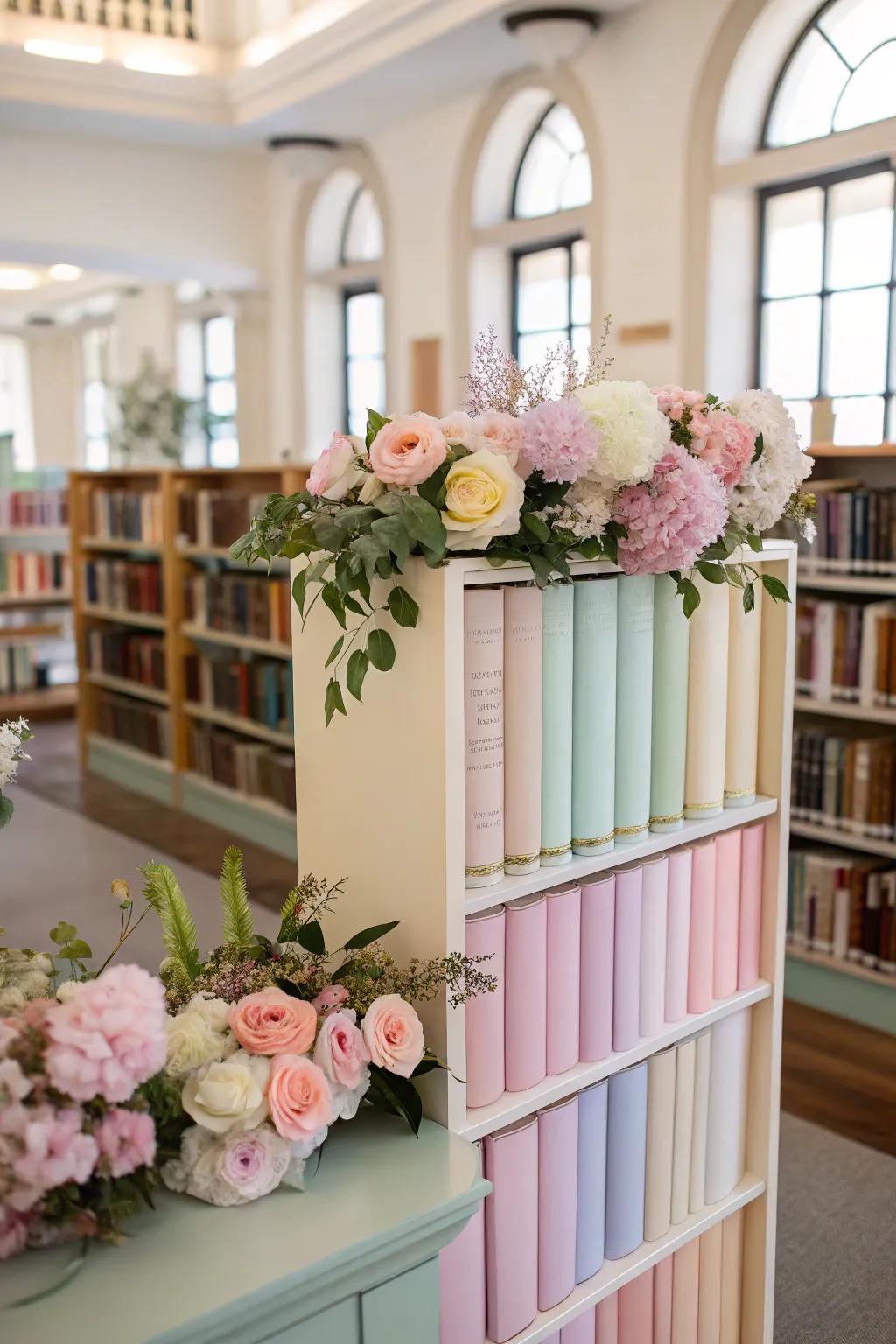 A spring-themed library setting featuring pastel-toned books and florals.