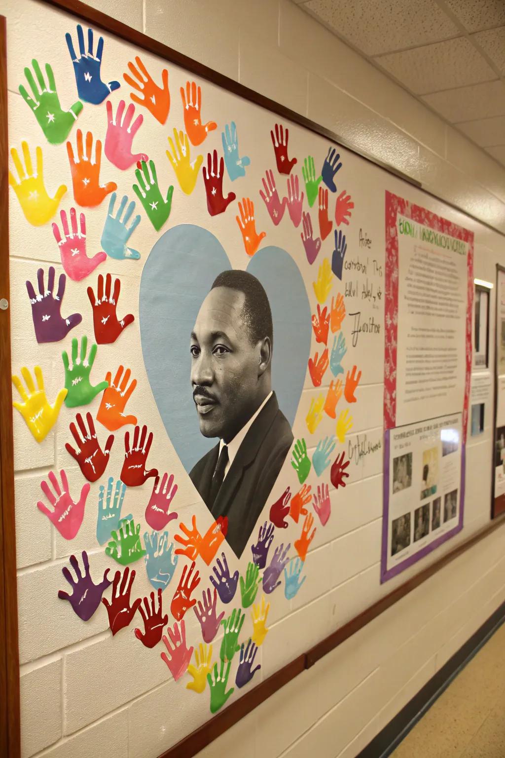 United handprints surrounding MLK's portrait celebrate diversity and togetherness.