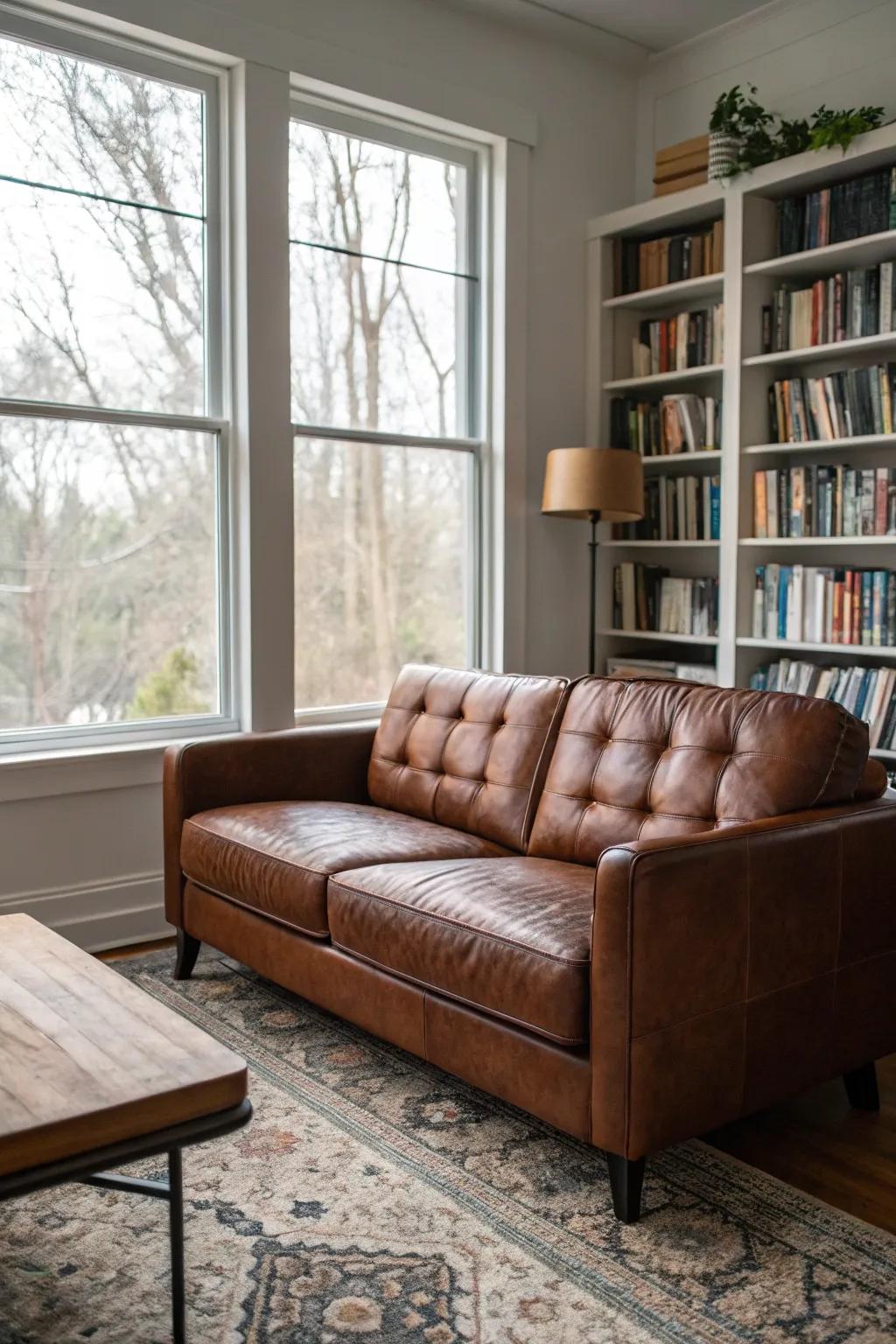A deep cocoa leather settee adds enduring beauty to the retreat.