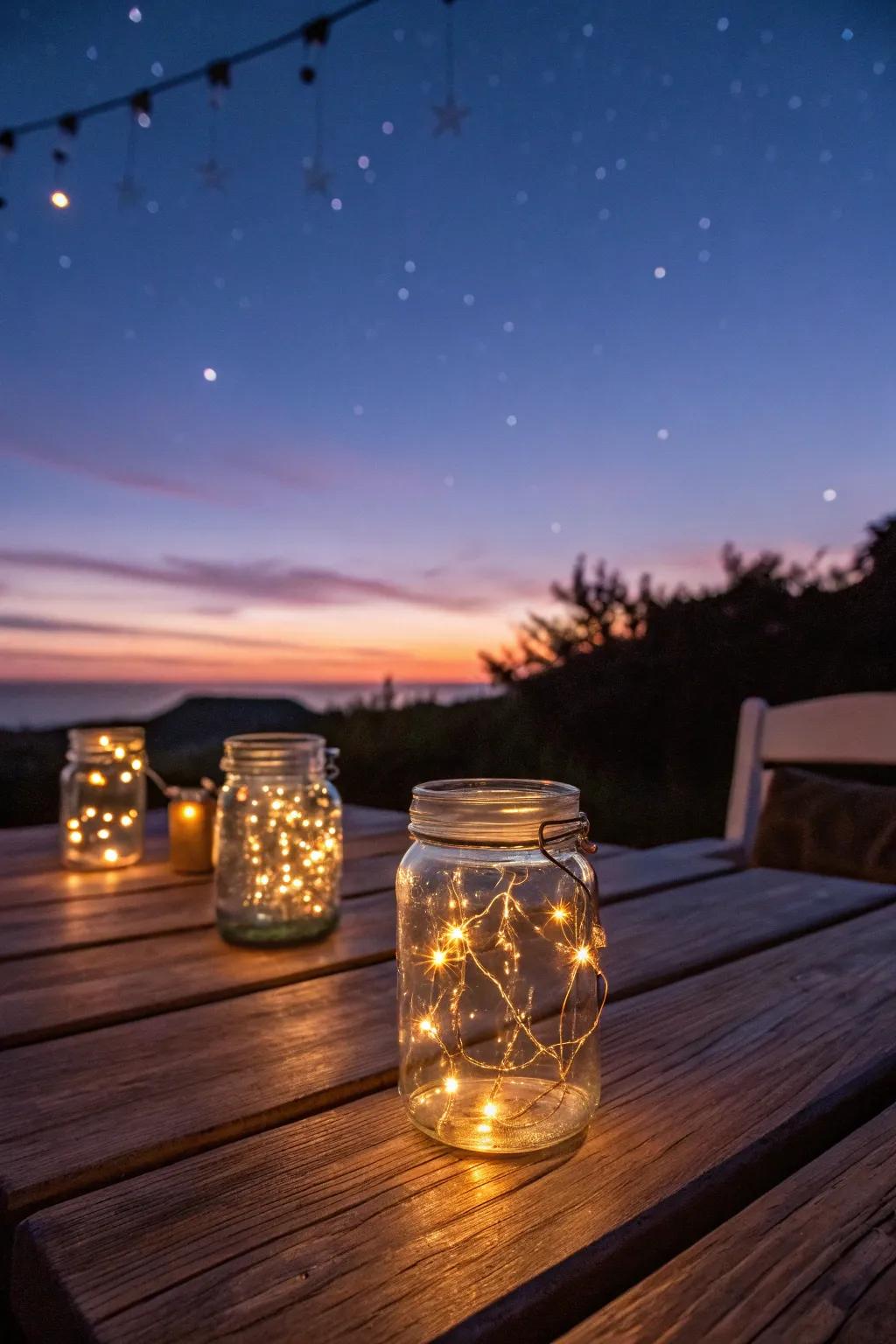 Quart containers with beaded strands conceiving an enchanting twilight environment.