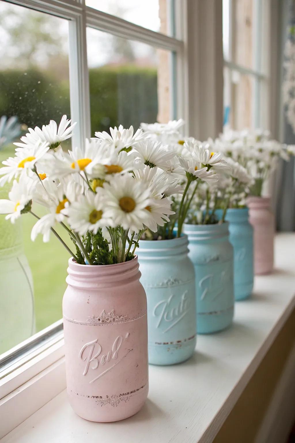 Delicate tinted mason jars introducing radiance and delight.