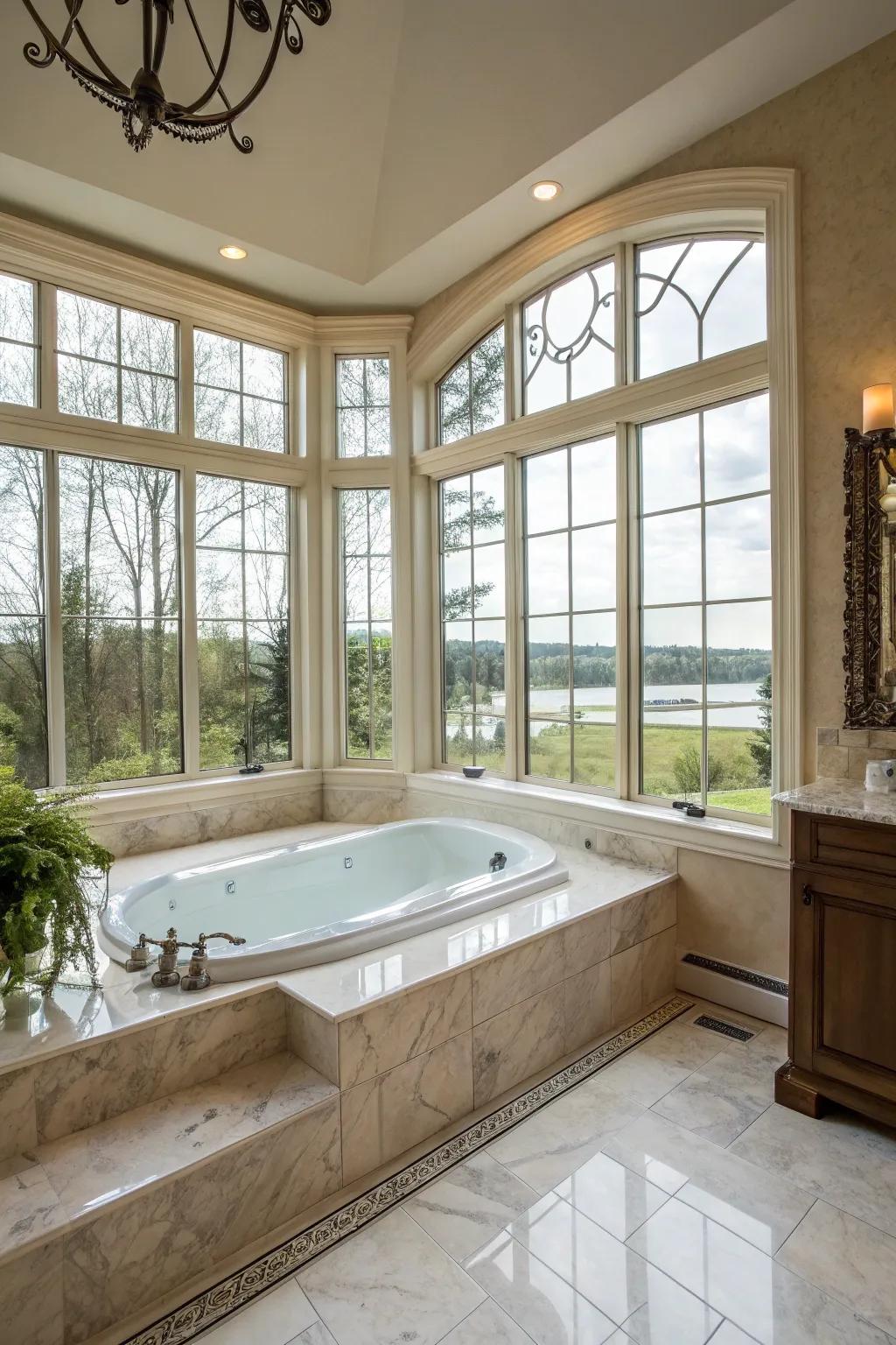 Sunlight cascades into a master bathroom, highlighting the sophisticated jacuzzi tub.