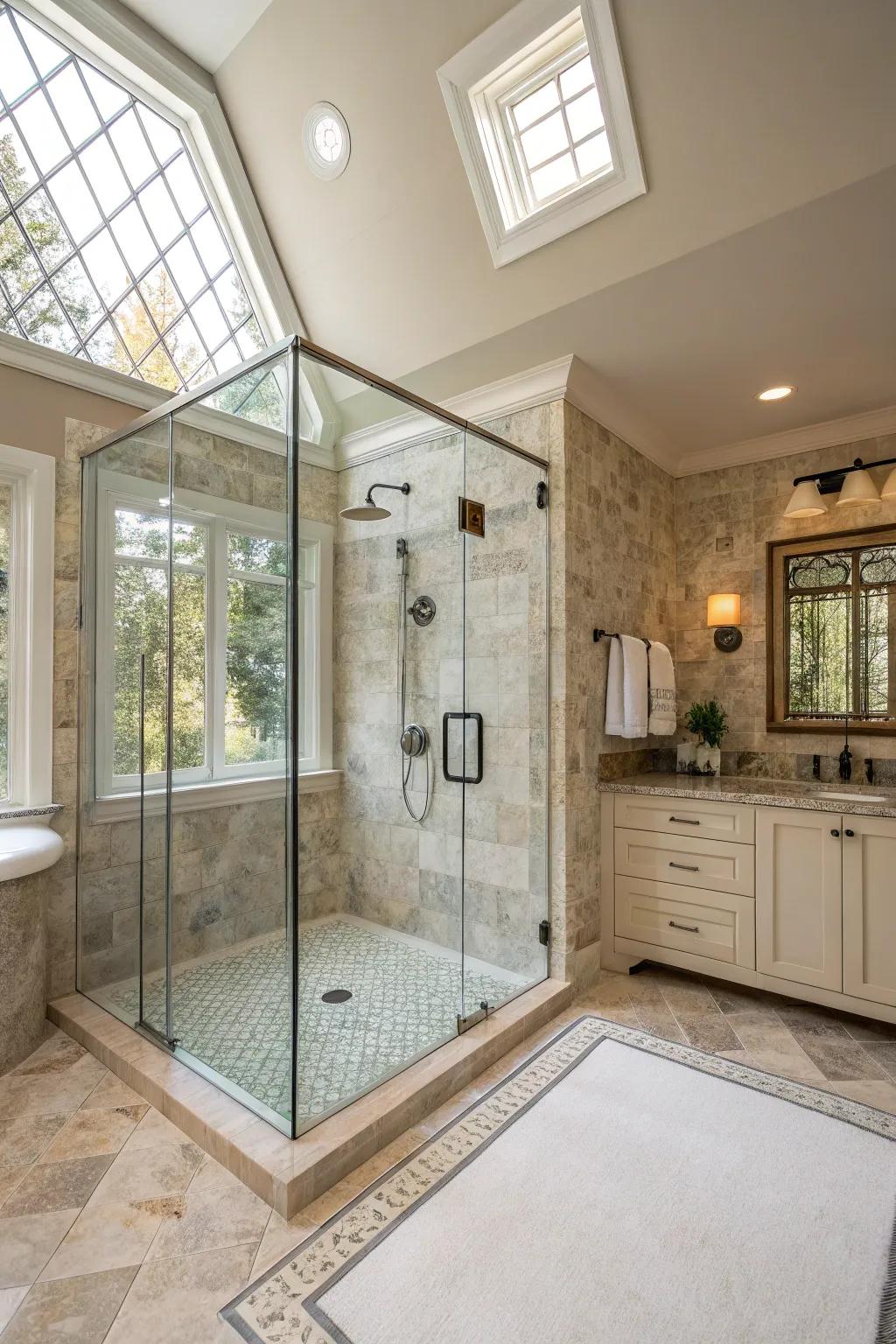 Expansive bathroom featuring a glass-enclosed shower with a rainfall showerhead.
