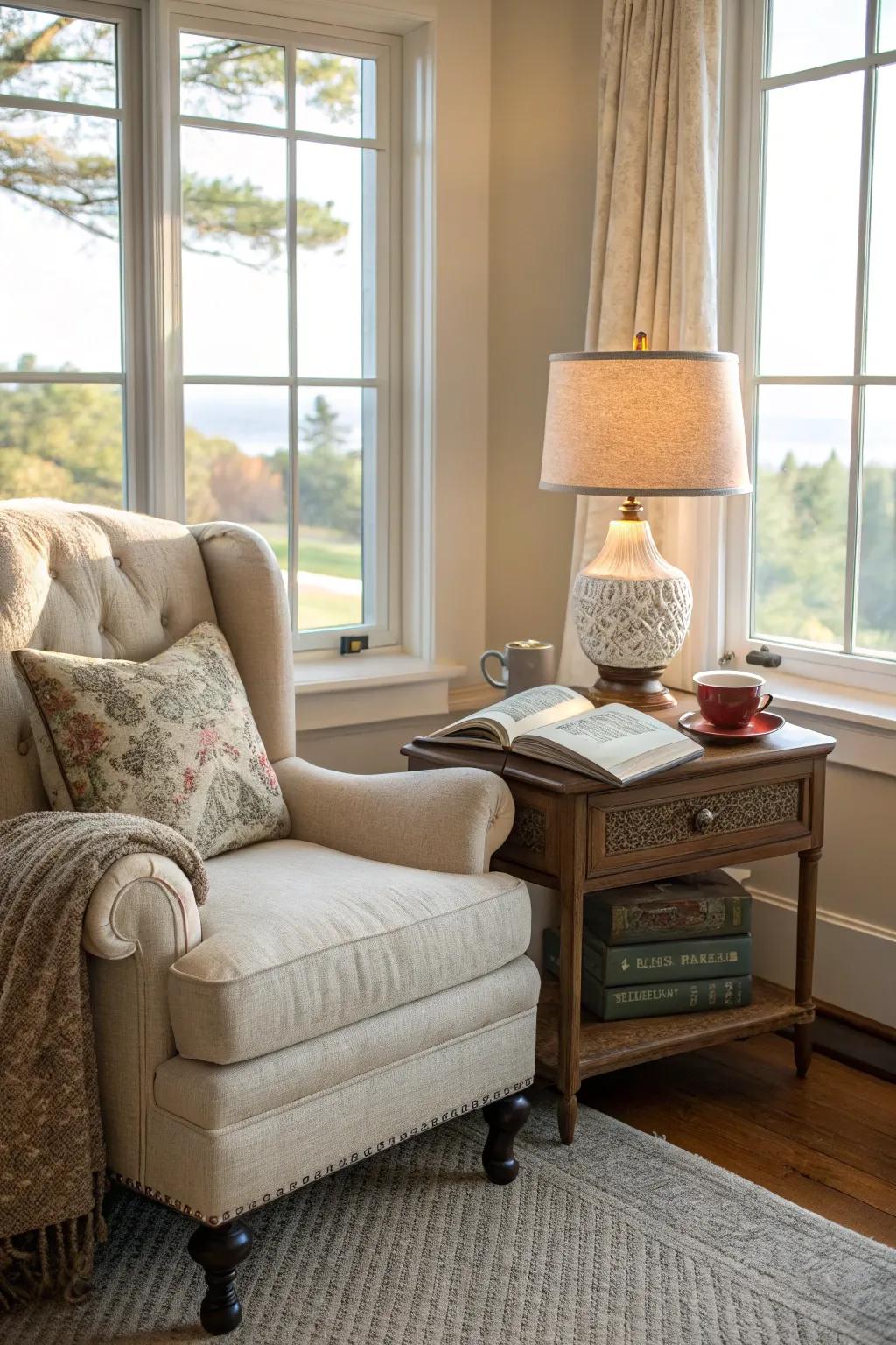 A reading corner offers a private escape within the comfort of your bedroom.