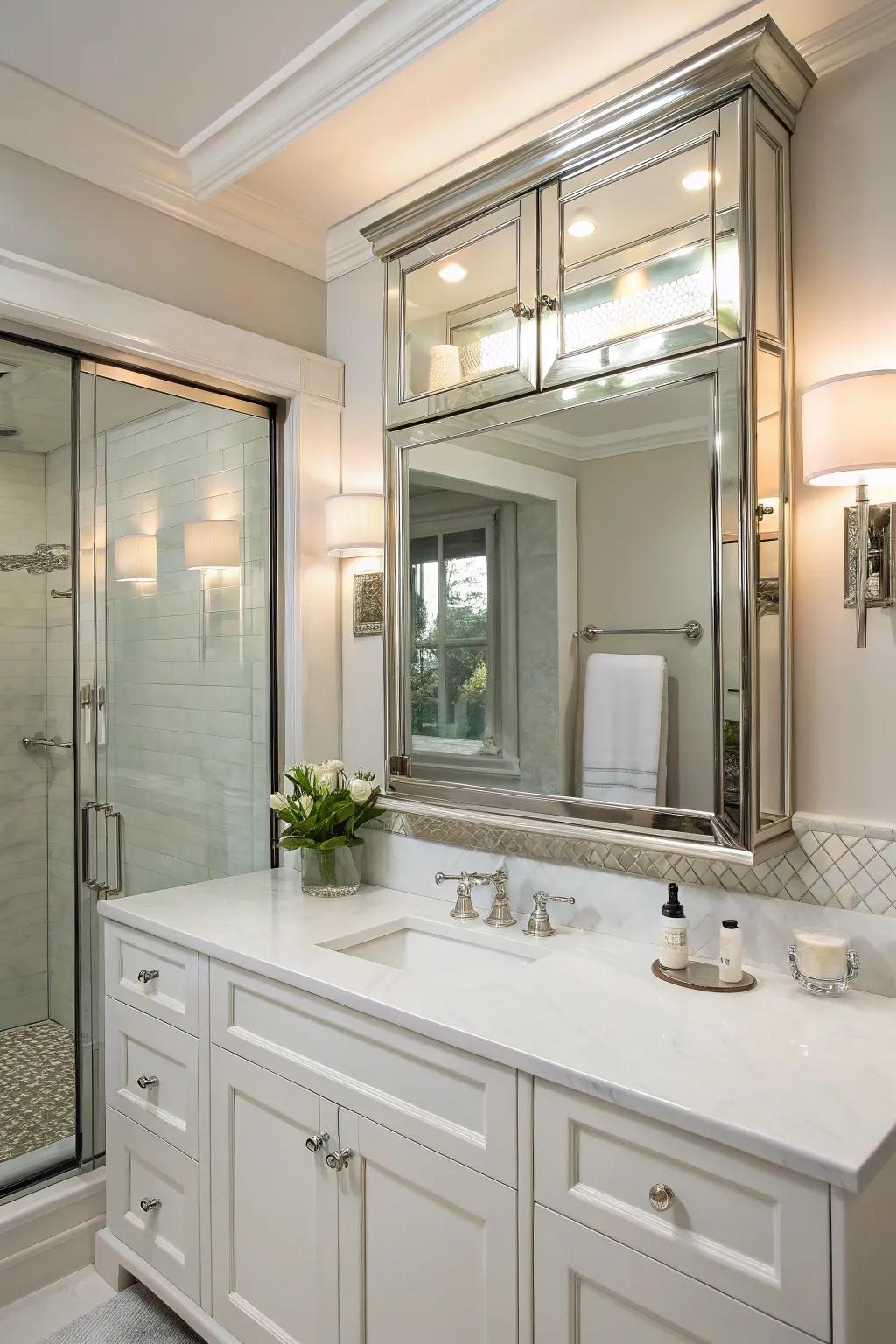 Mirrored cabinets enhance functionality and visual appeal simultaneously.