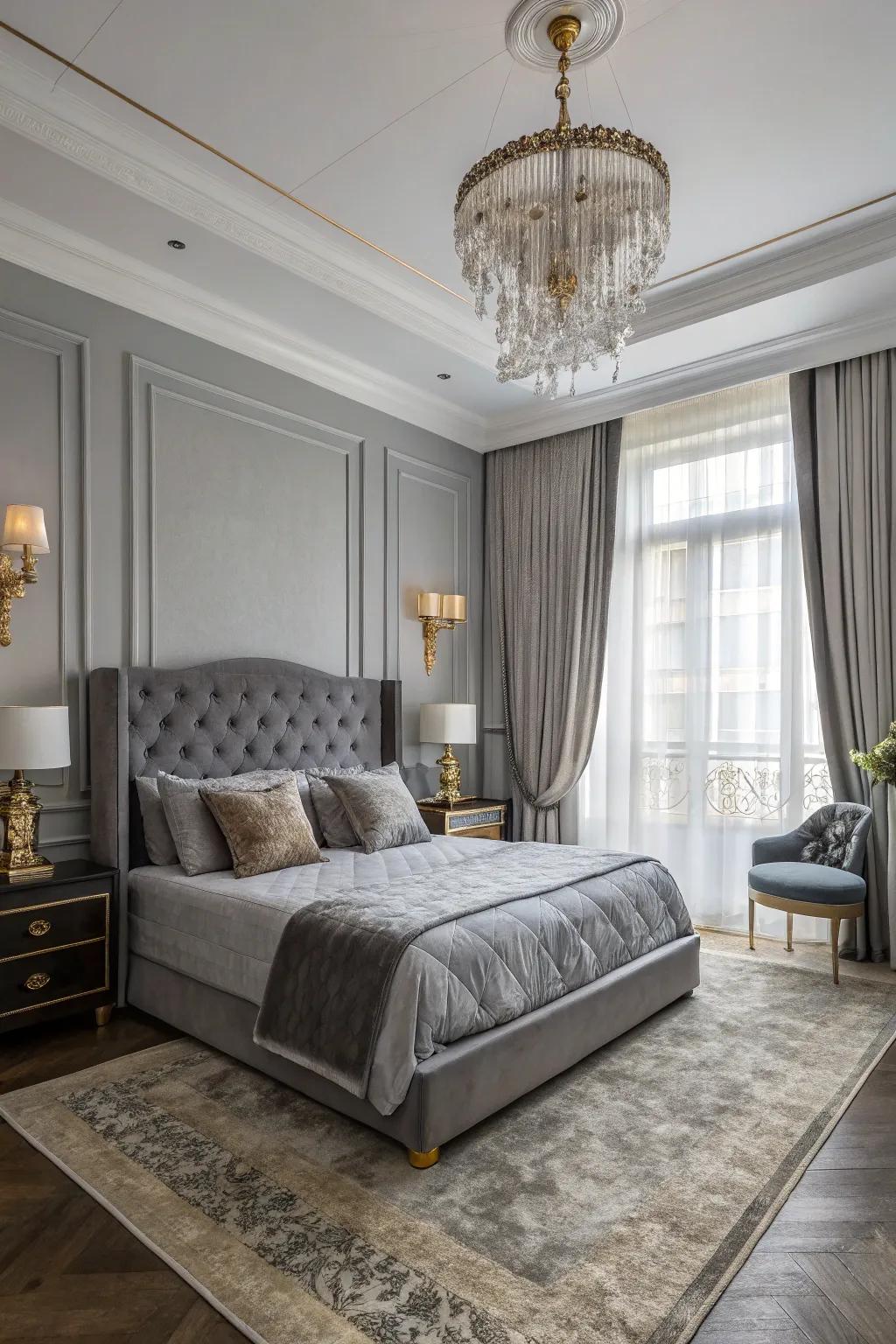 Upscale hotel chic featuring luxurious grey textiles and refined decor.