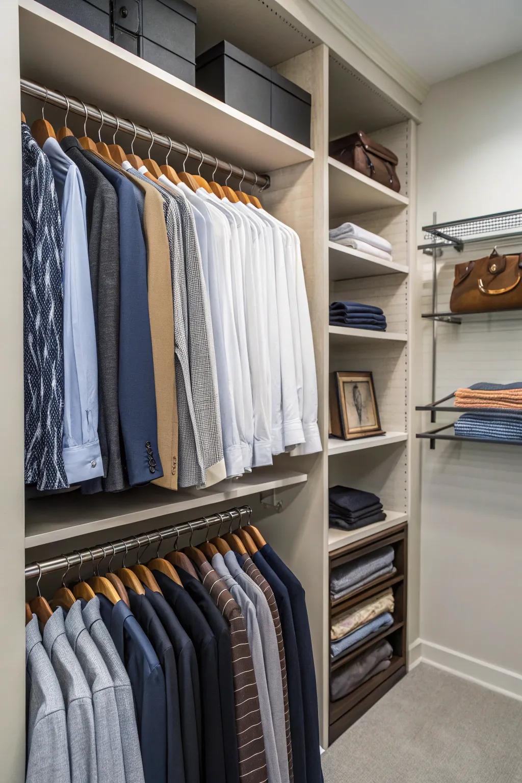 Skillful area use by using double hanging rods for simple organization.