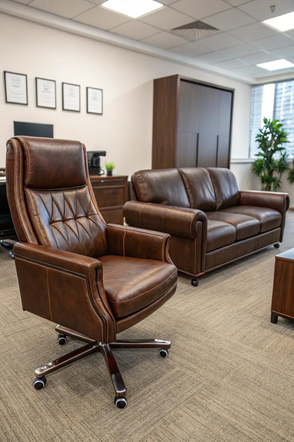 Leather furniture introduces a sense of opulence and comfort to your workspace.
