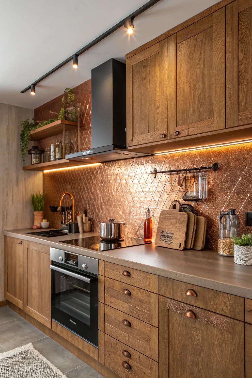 A kitchen highlighting the inviting character of a copper metal backsplash.
