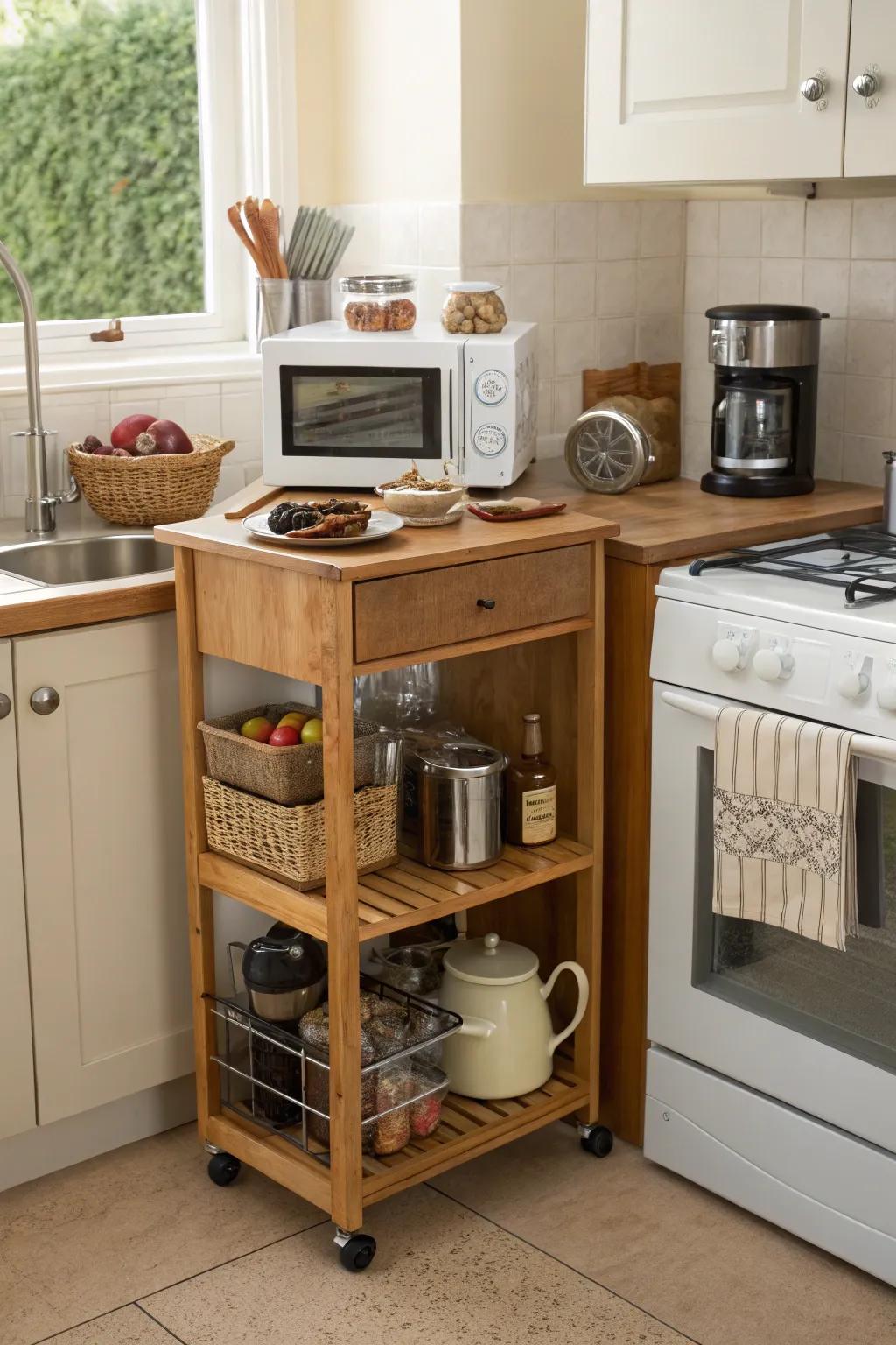Make the most of your space with a corner microwave cart.