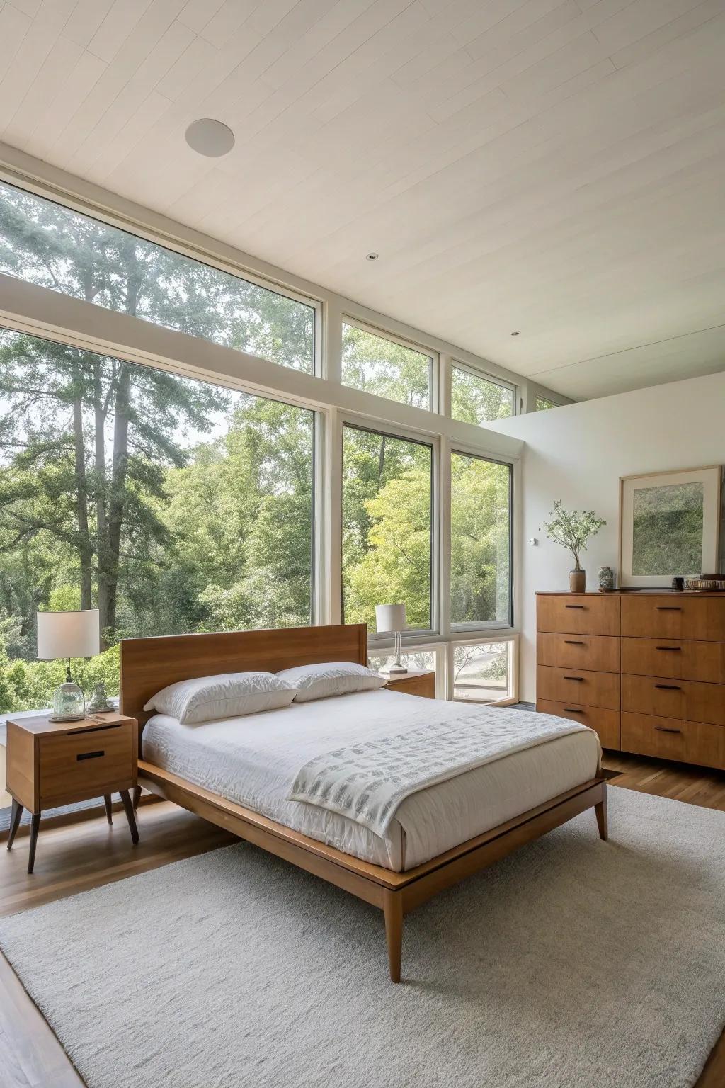 A minimalist mid-century modern bedroom showing furniture with smooth, simple lines.
