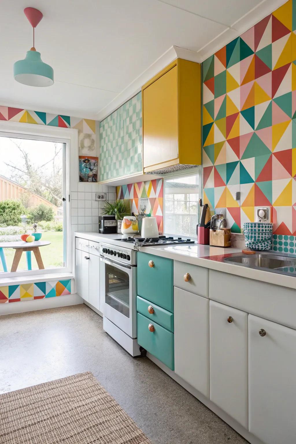 A geometric splashback adds a burst of color and style to this cooking space.