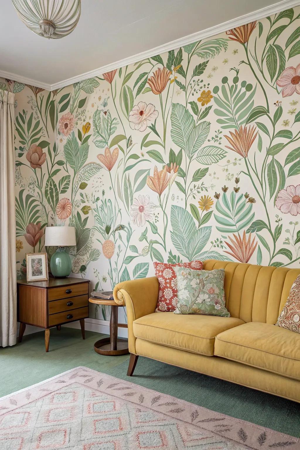 Mid-century space with botanical and natural inspiration wallcovering.