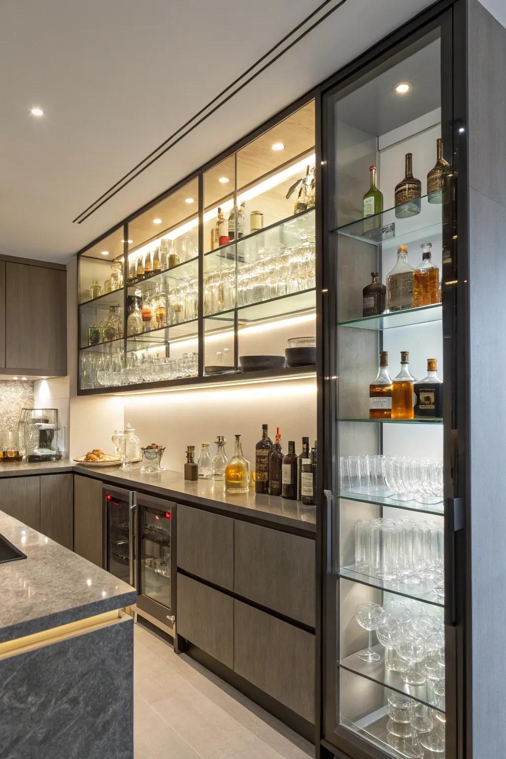 Open shelving elegantly highlights glassware and spirits, combining beauty with utility.