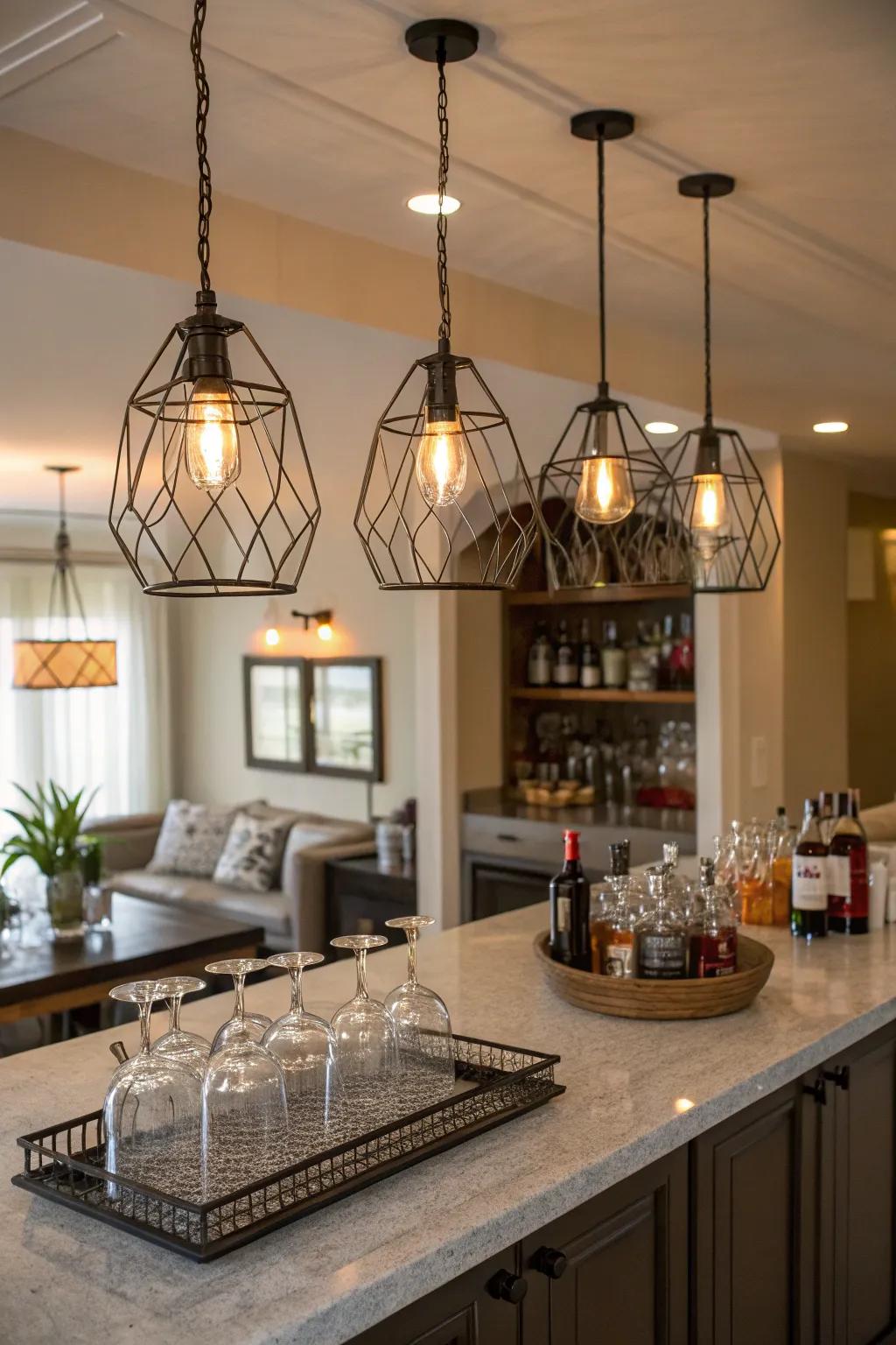 Elegant hanging lights boost the style of the home bar.