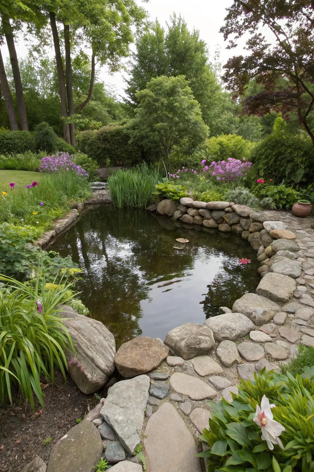 Natural stones give a mini pond a rustic touch.