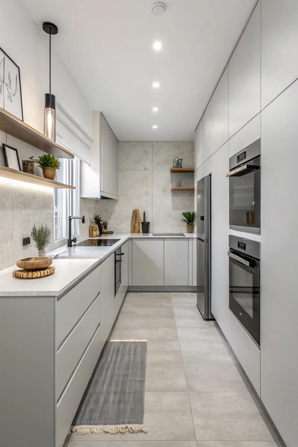 A serene minimalist kitchen showcases a soothing neutral color scheme.