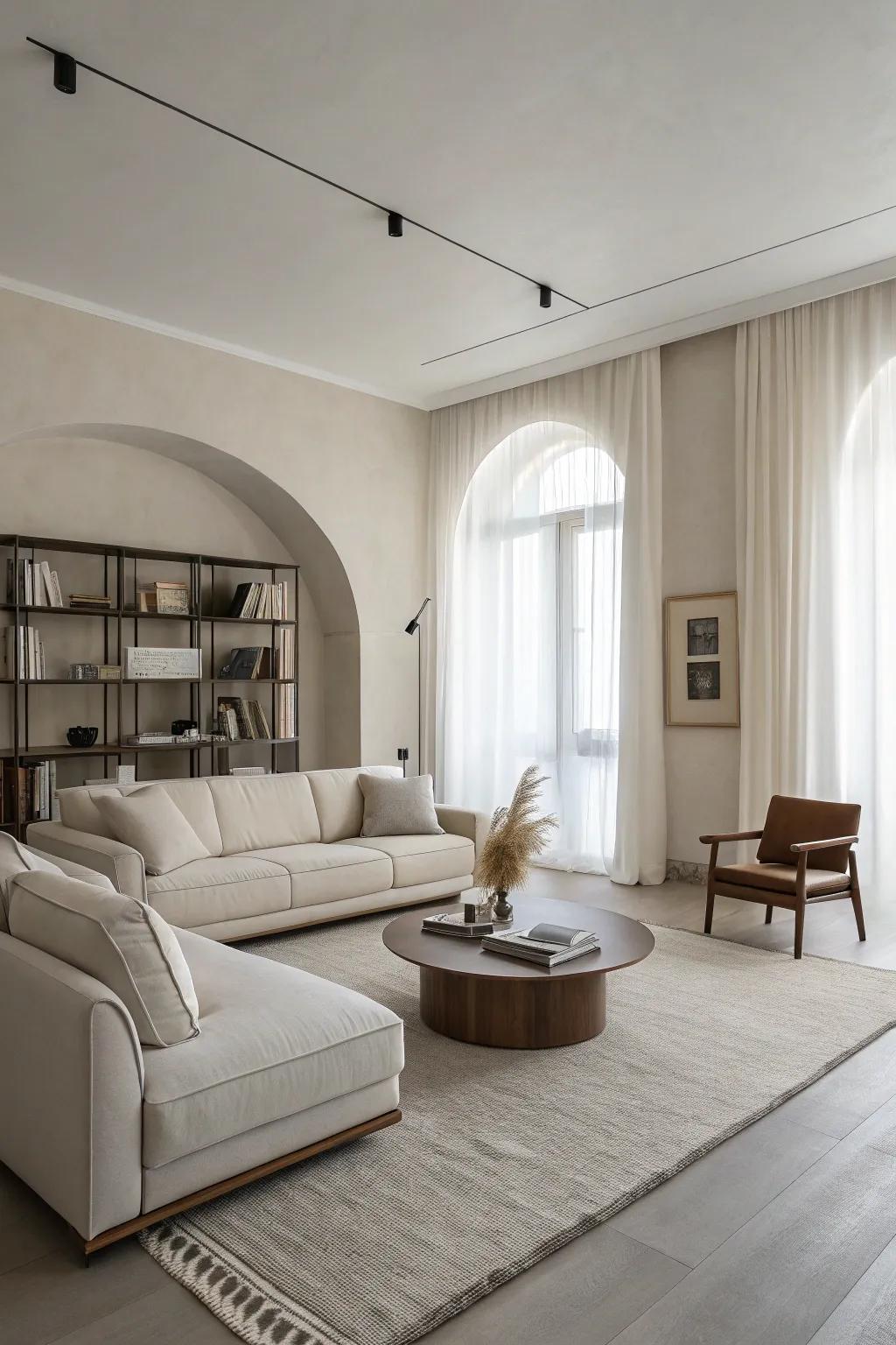 Furnishings with clean outlines contribute to the minimalist allure.