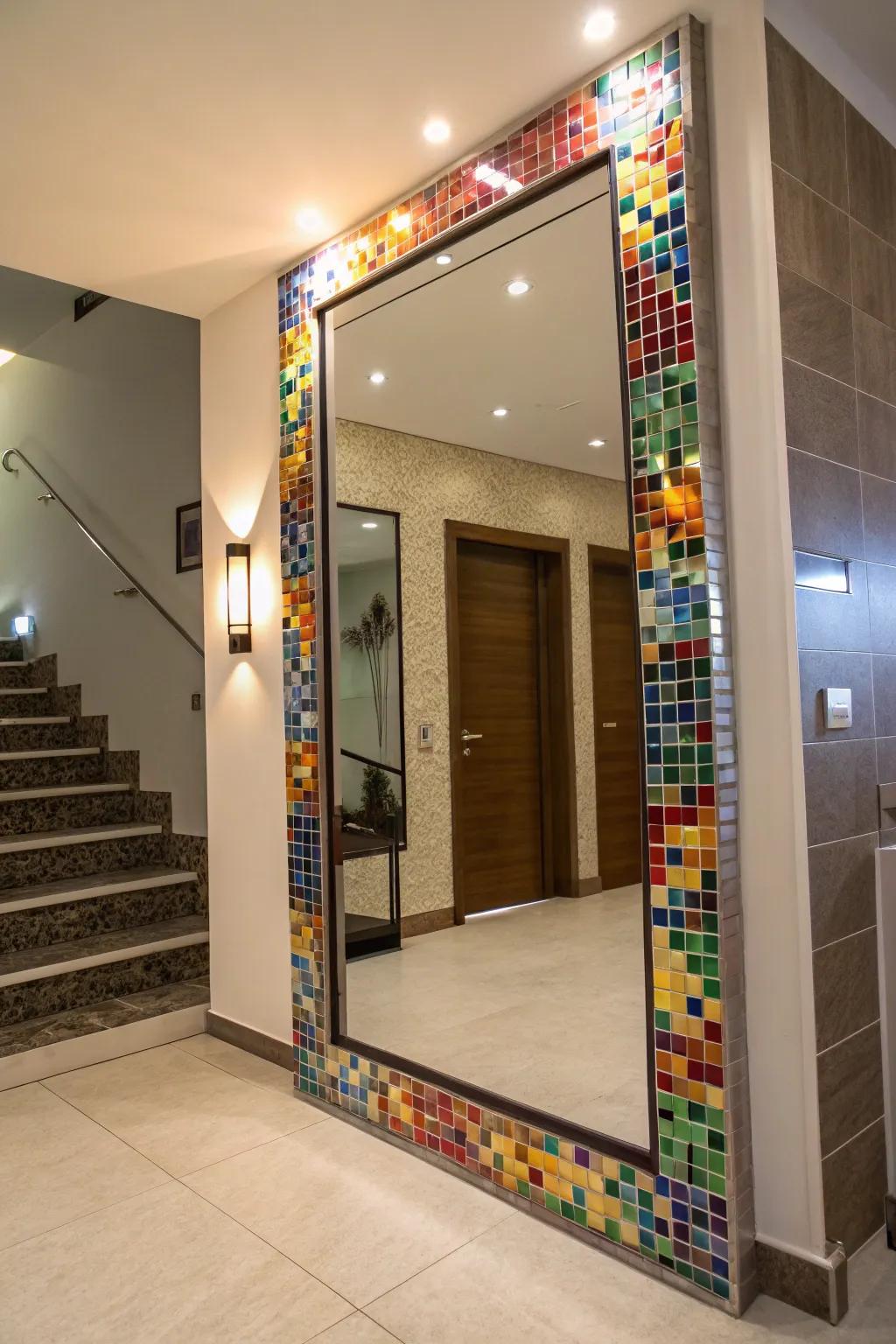 A bright mosaic tile frame mirror livens up a modern entrance.