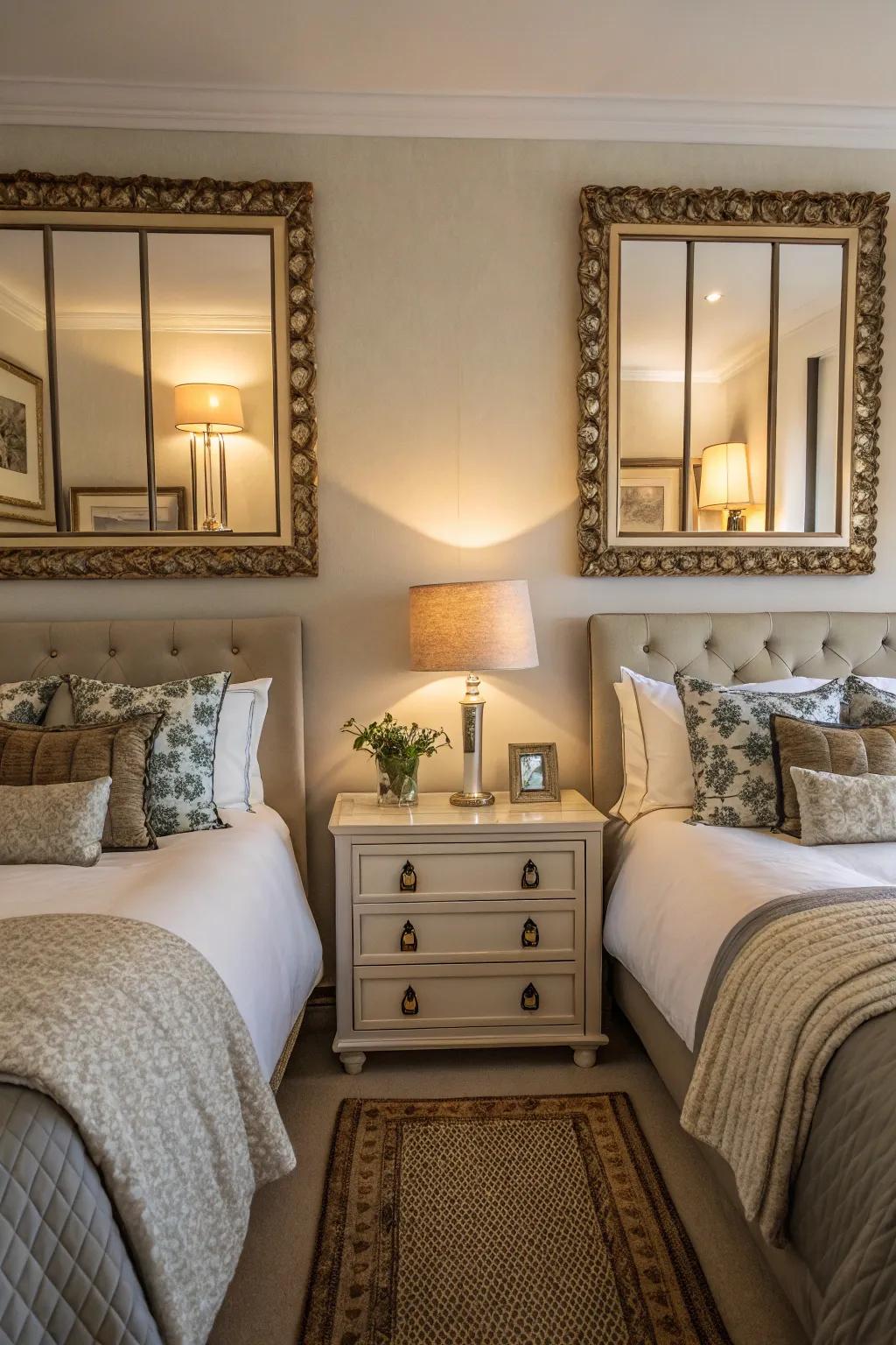 Symmetrical mirrors beside the bed establish a sense of balance and harmony.