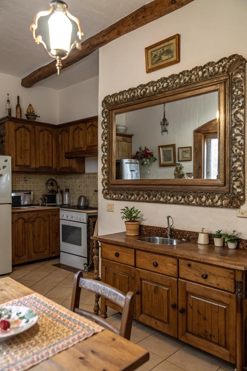 An antique framed mirror adding elegance and history to the kitchen.