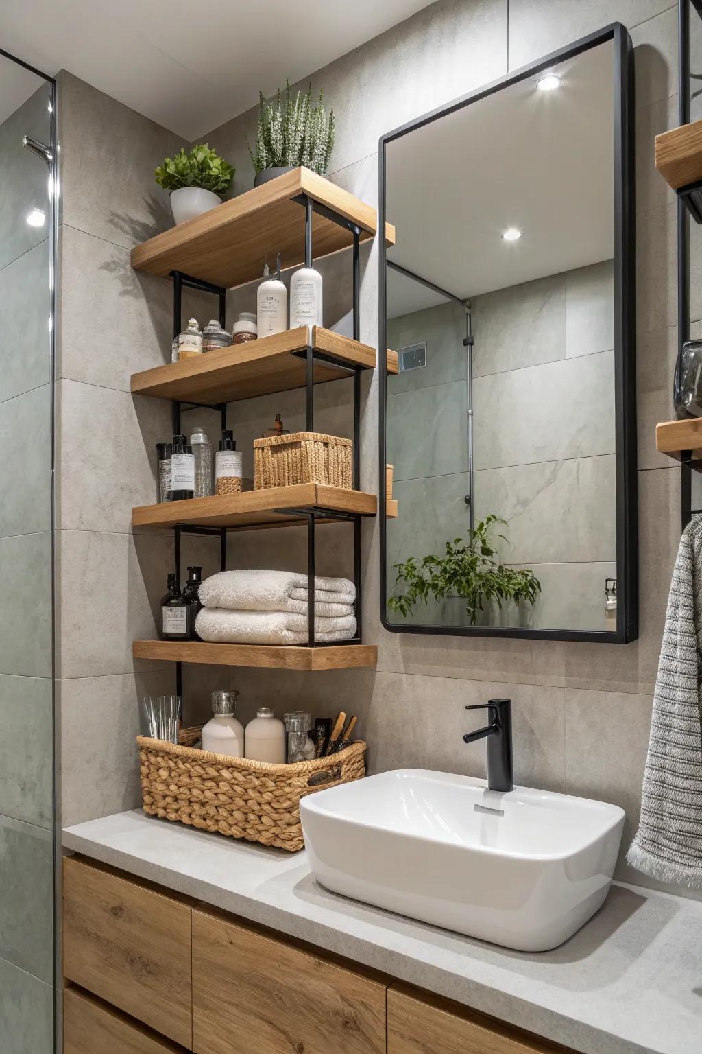 Elegant display ledges in a bathroom, blending design with practicality.