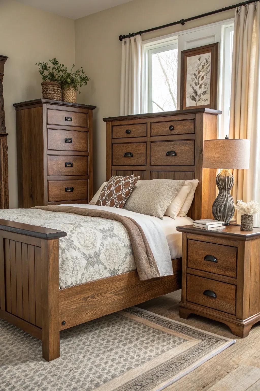 A blend of furniture pieces enhances the depth of your bedroom.