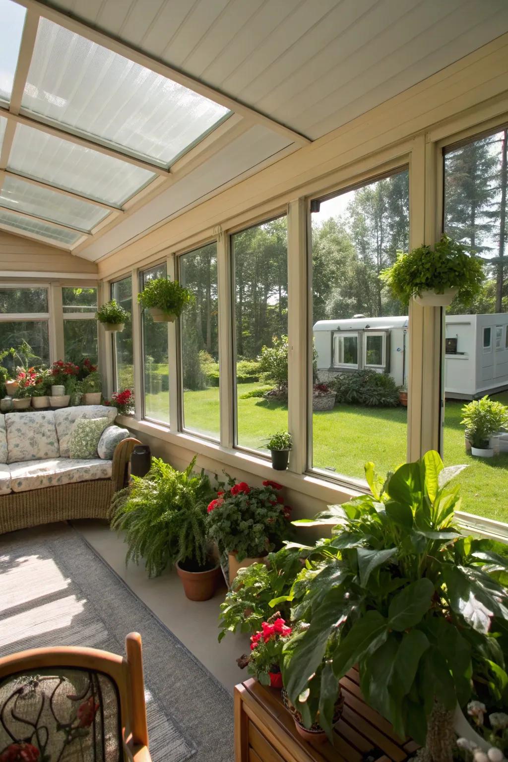 A light room brimming with light and greenery, offering a tranquil extension of the mobile home.