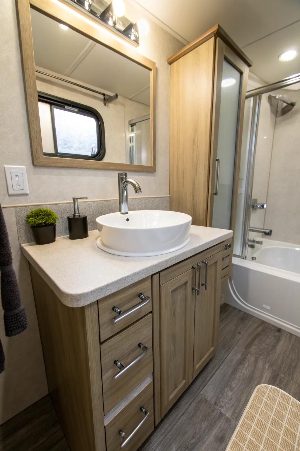Modern accoutrements infuse a contemporary resonance within this mobile home's primary bathroom.
