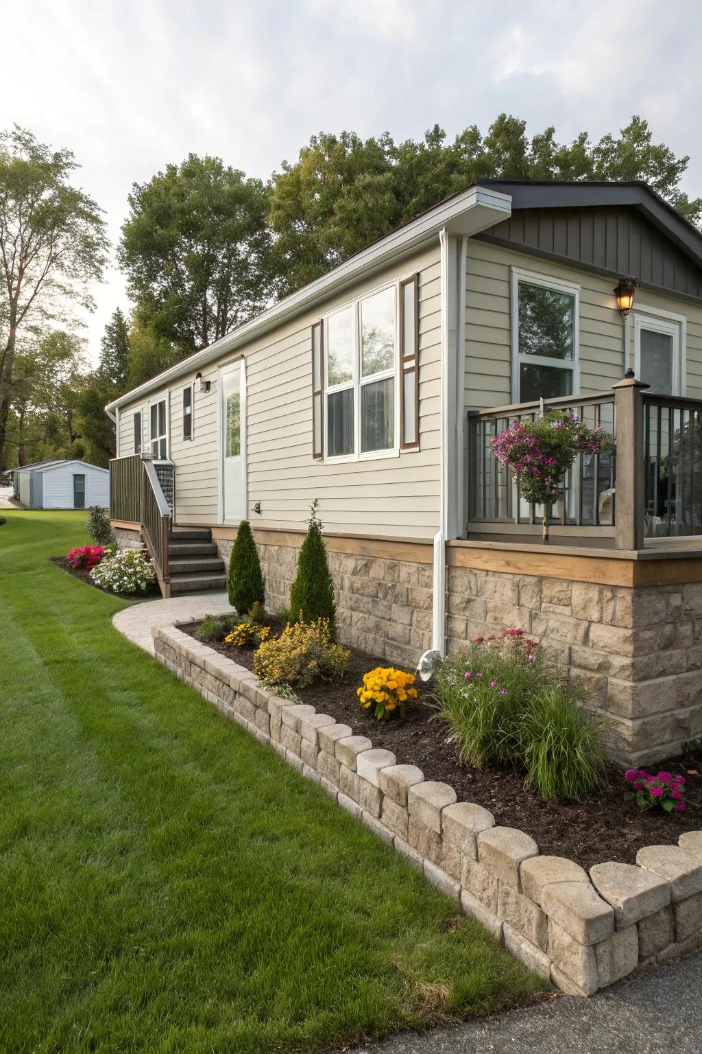 Stone skirting imparts a modern flair to the mobile home's exterior.