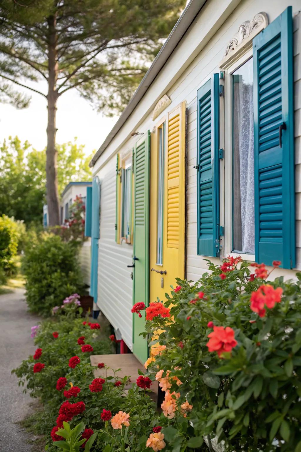 Vibrant shutters breathing life into a mobile home's facade.