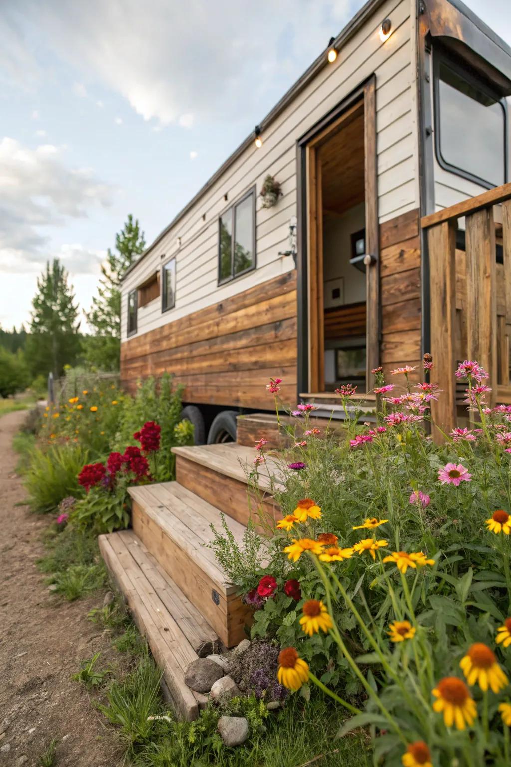 Salvaged wood skirting enriches your mobile home with rustic appeal and coziness.