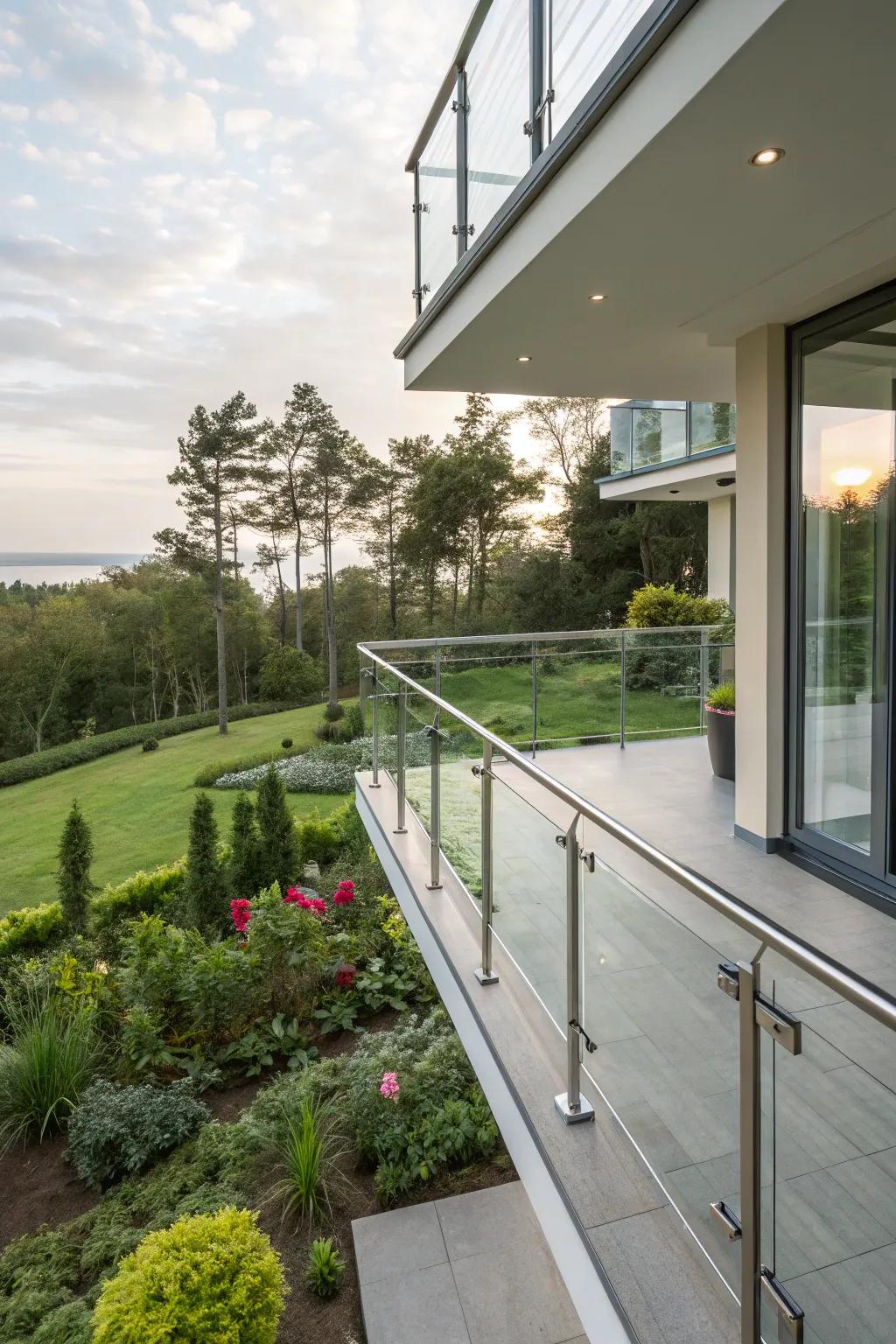 Balcony featuring a blend of crystal and metal borders, facing a garden