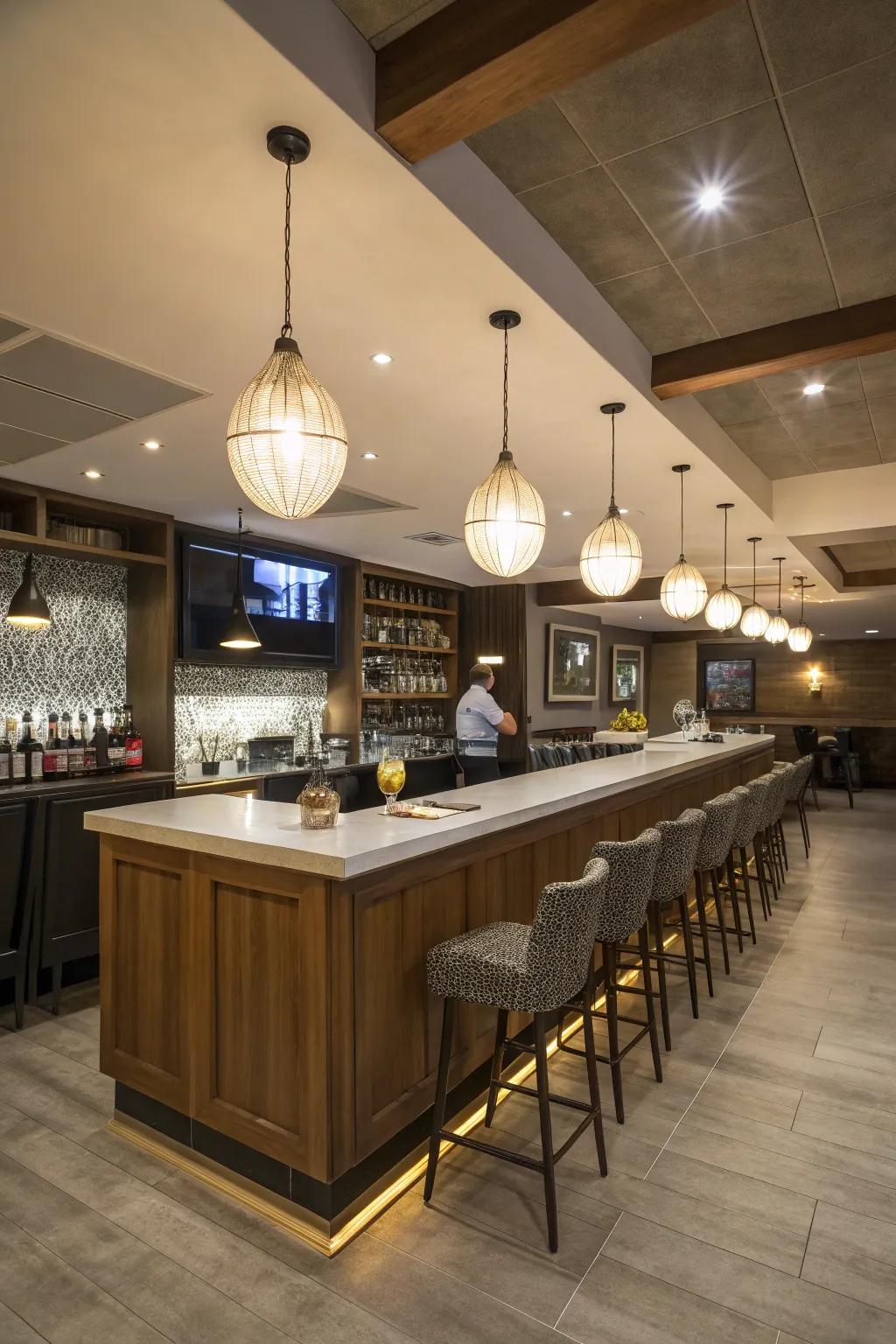 Refined droplights contribute a dash of elegance to the basement bar setting.