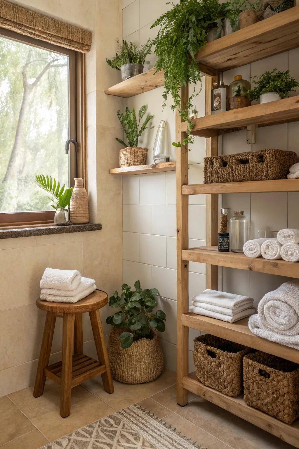 Wooden accents breathe life into a modern beige bathroom.