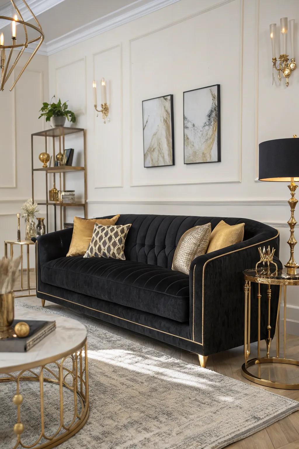 A sumptuous black velvet sofa introduces a touch of elegance to a contemporary living space.