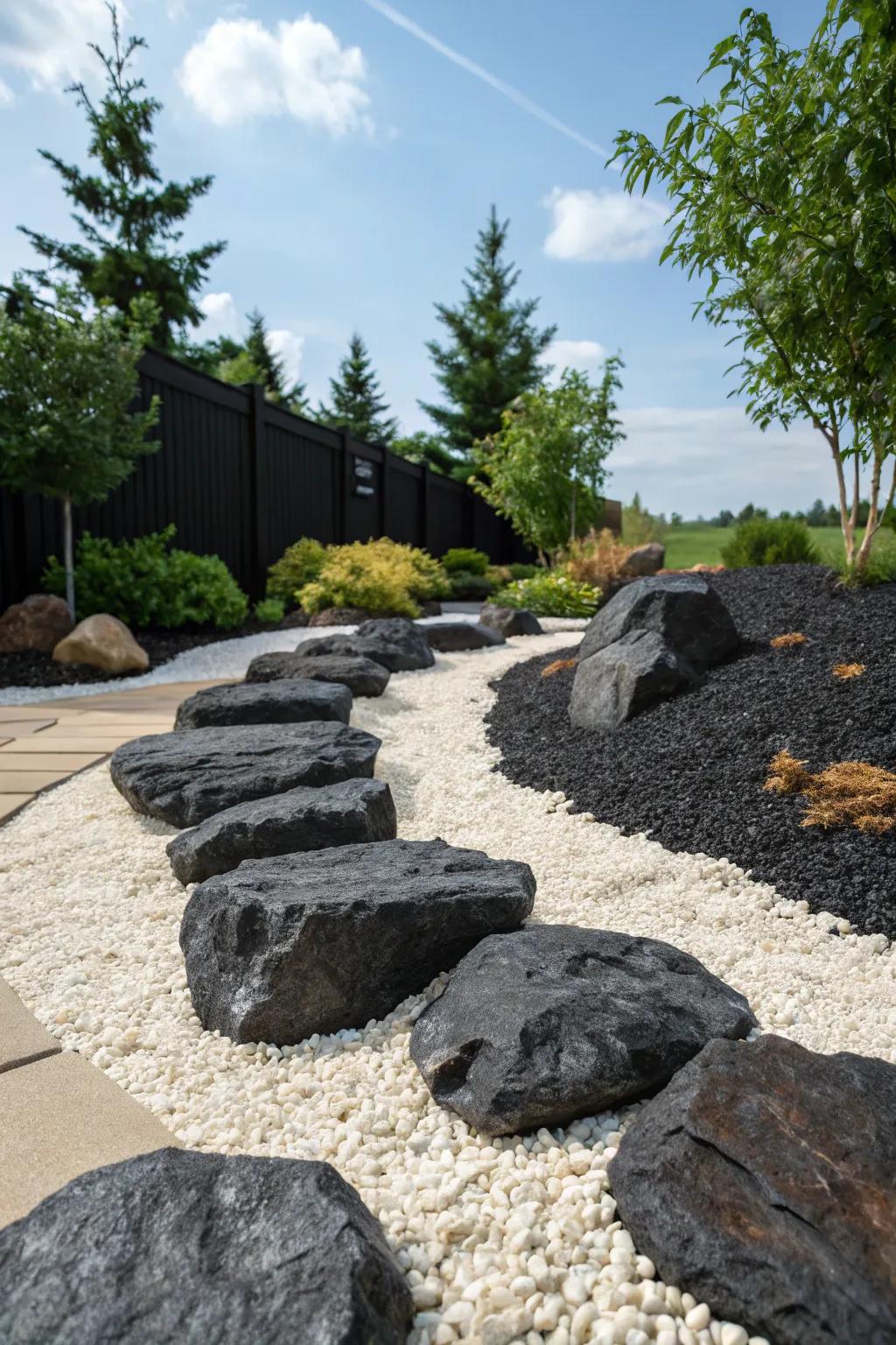 Dark stones paired with bright gravel for a contemporary contrast.