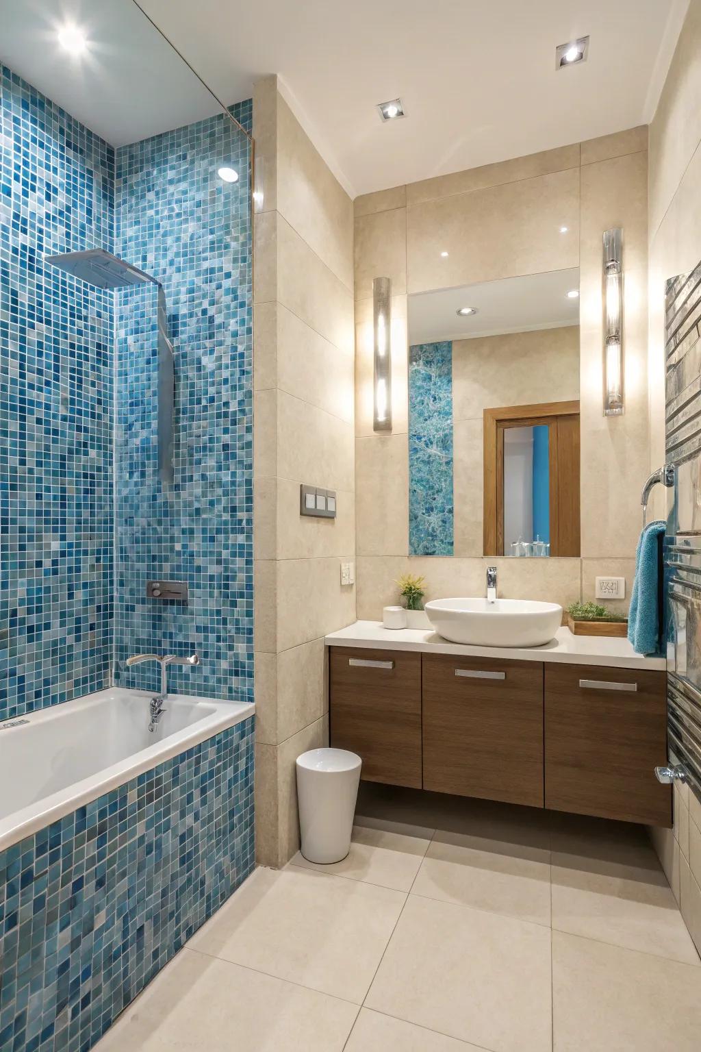 Azure mosaic squares fashion a compelling focal attraction in this contemporary washroom.